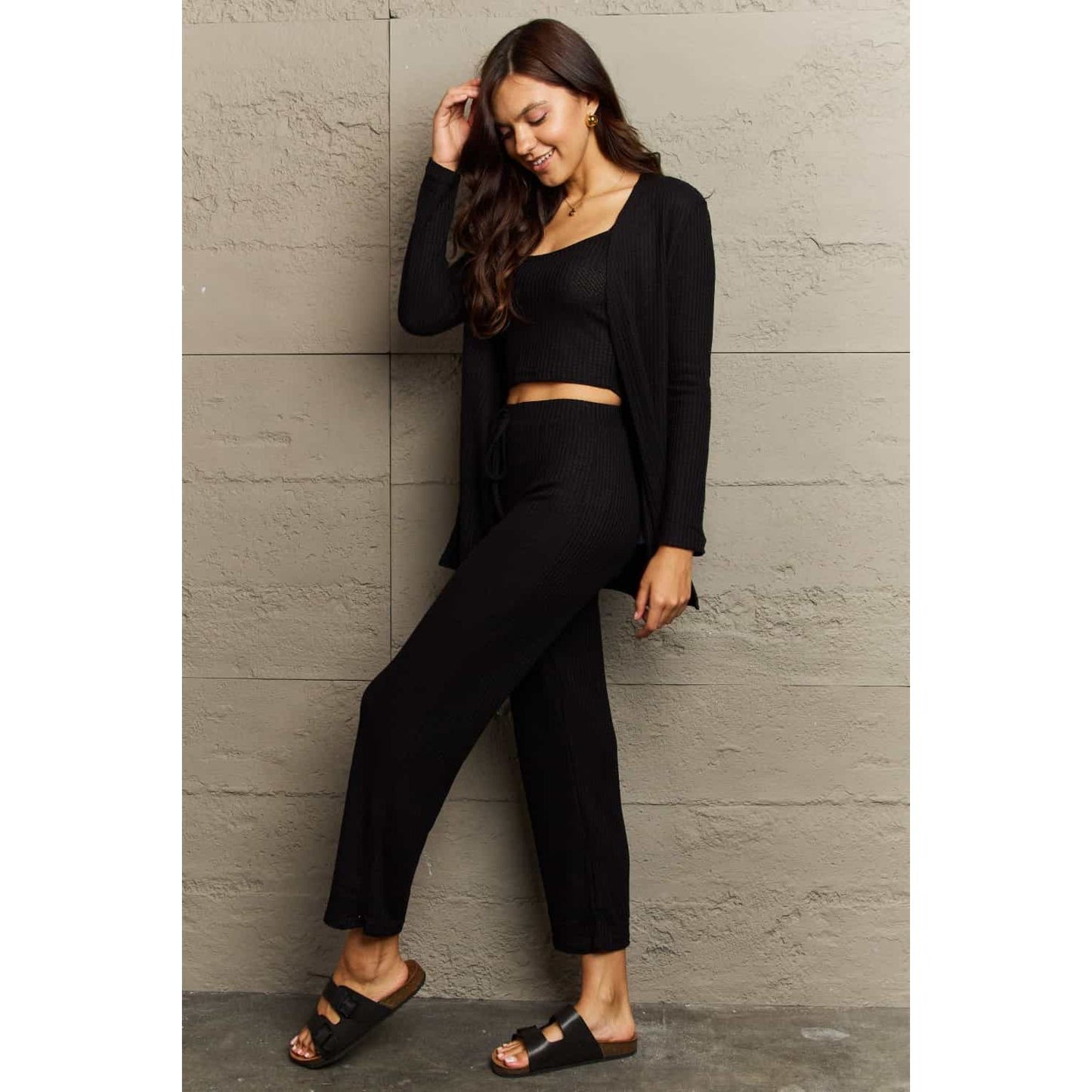 Ninexis Full Size Cropped Top, Long Pants and Cardigan Lounge Set