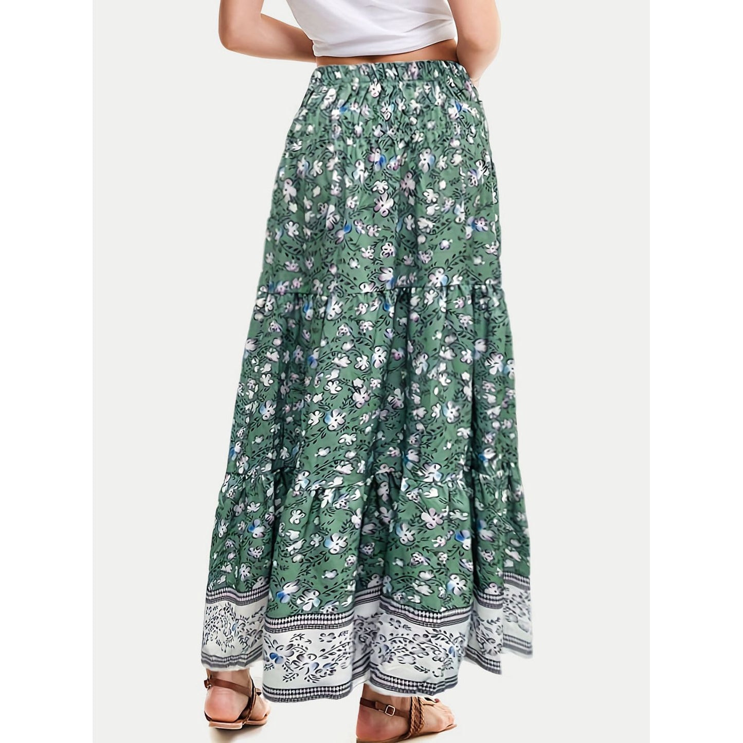 Full Size Tiered Printed Elastic Waist Skirt