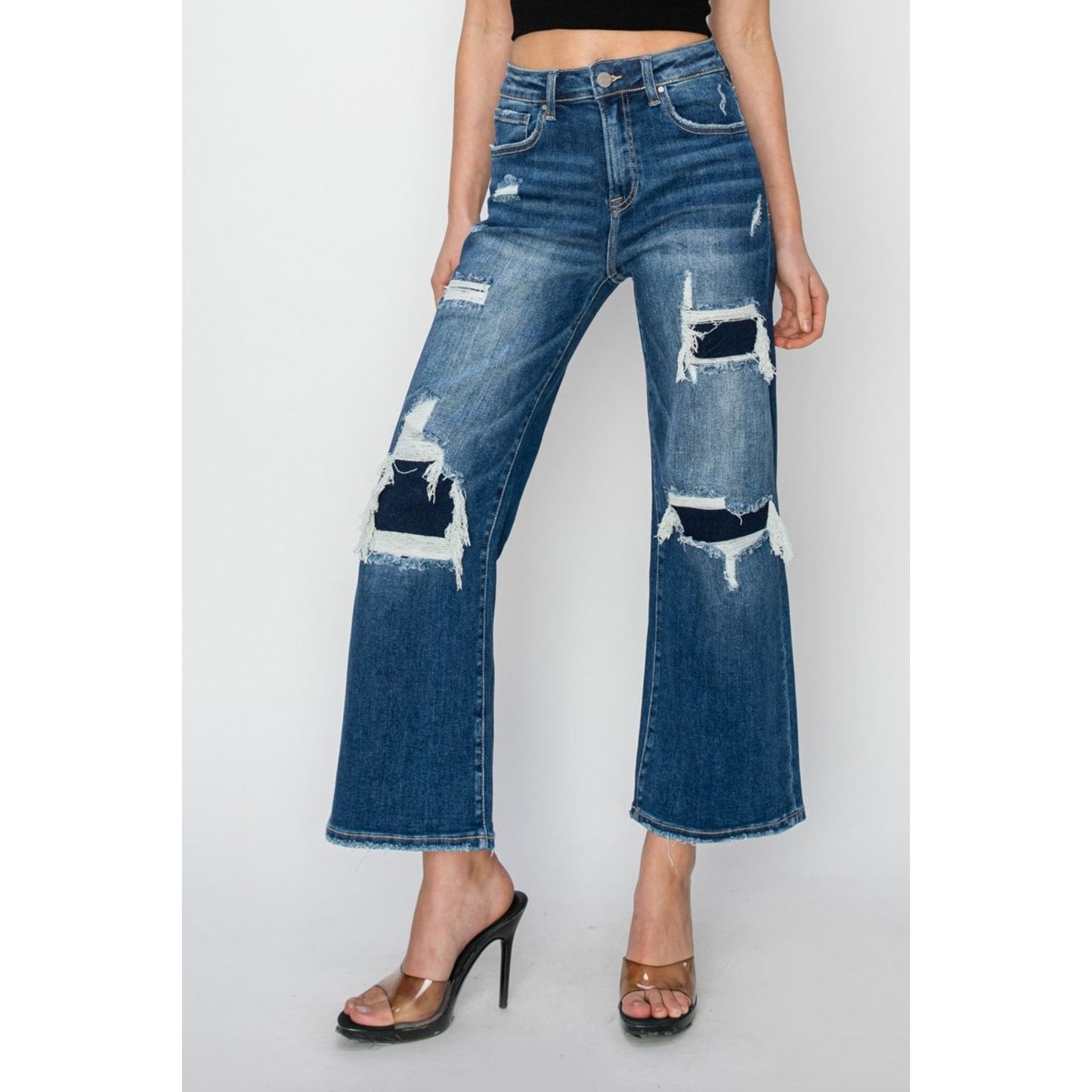 Risen Full Size High Rise Patch Detailed Wide Leg Crop Jeans