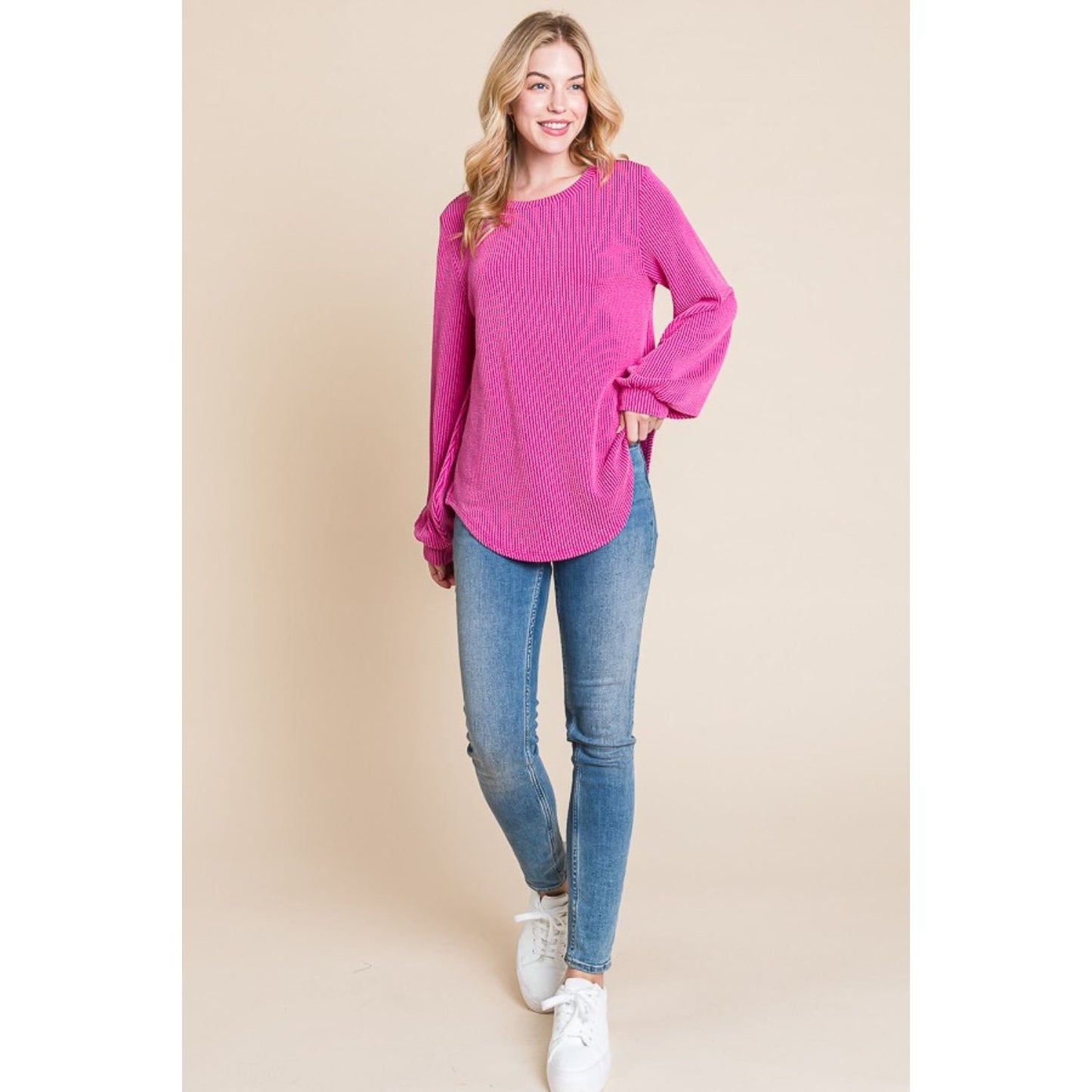 BOMBOM Long Sleeve Curved Hem Ribbed T-Shirt