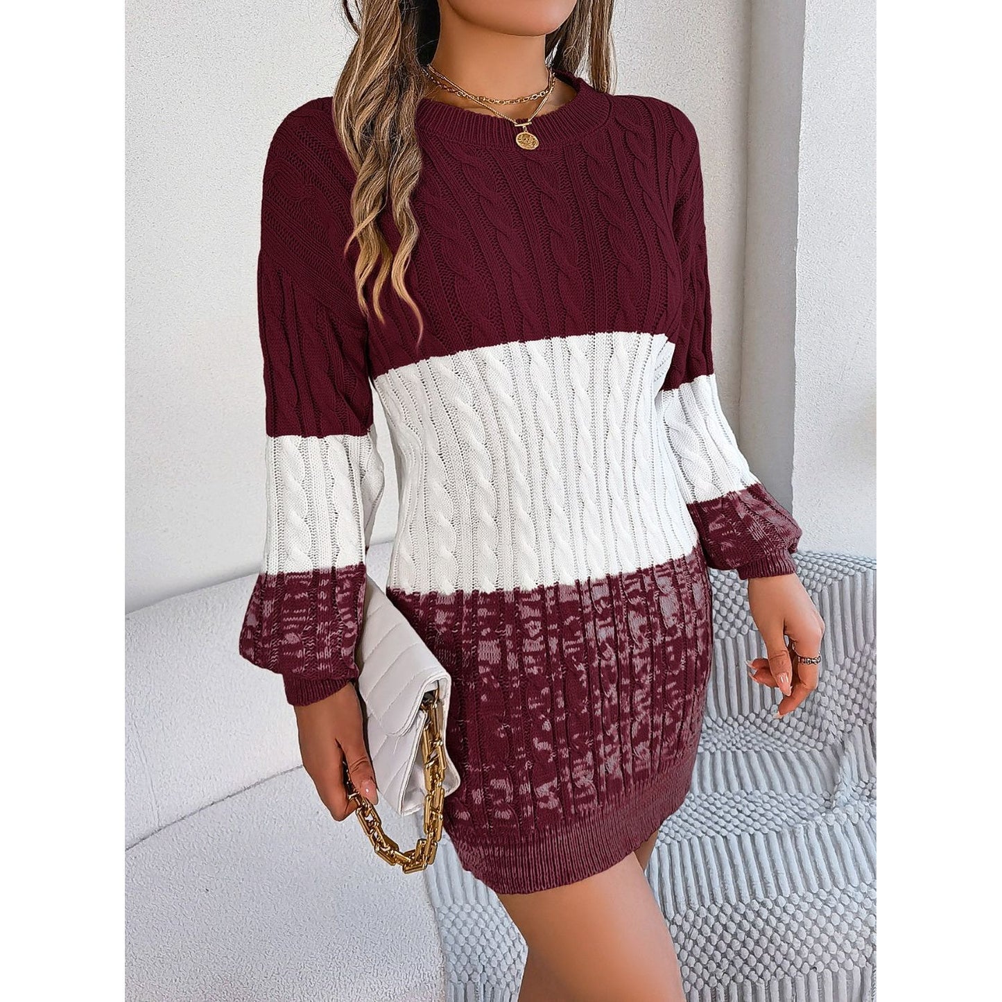 Cable-Knit Round Neck Color Block Sweater Dress