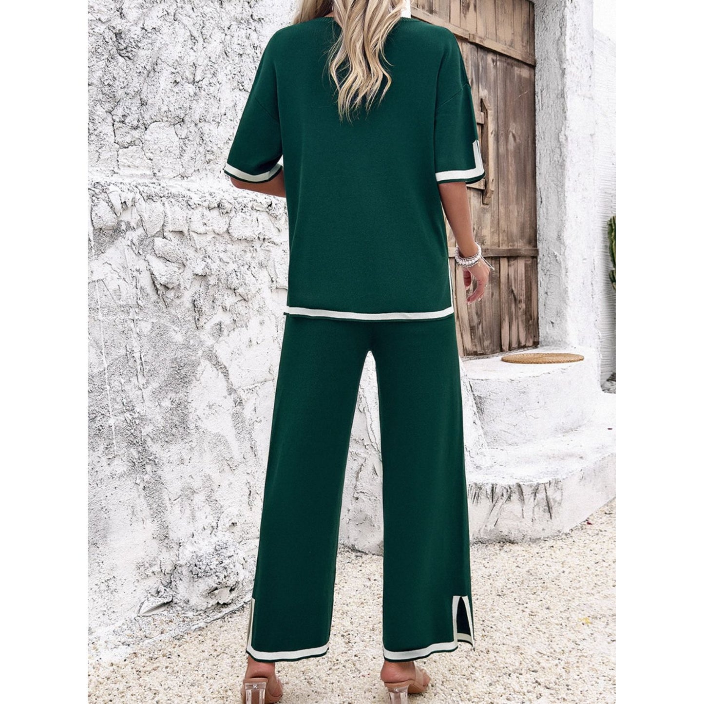 Contrast Trim Round Neck Top and Pants Set