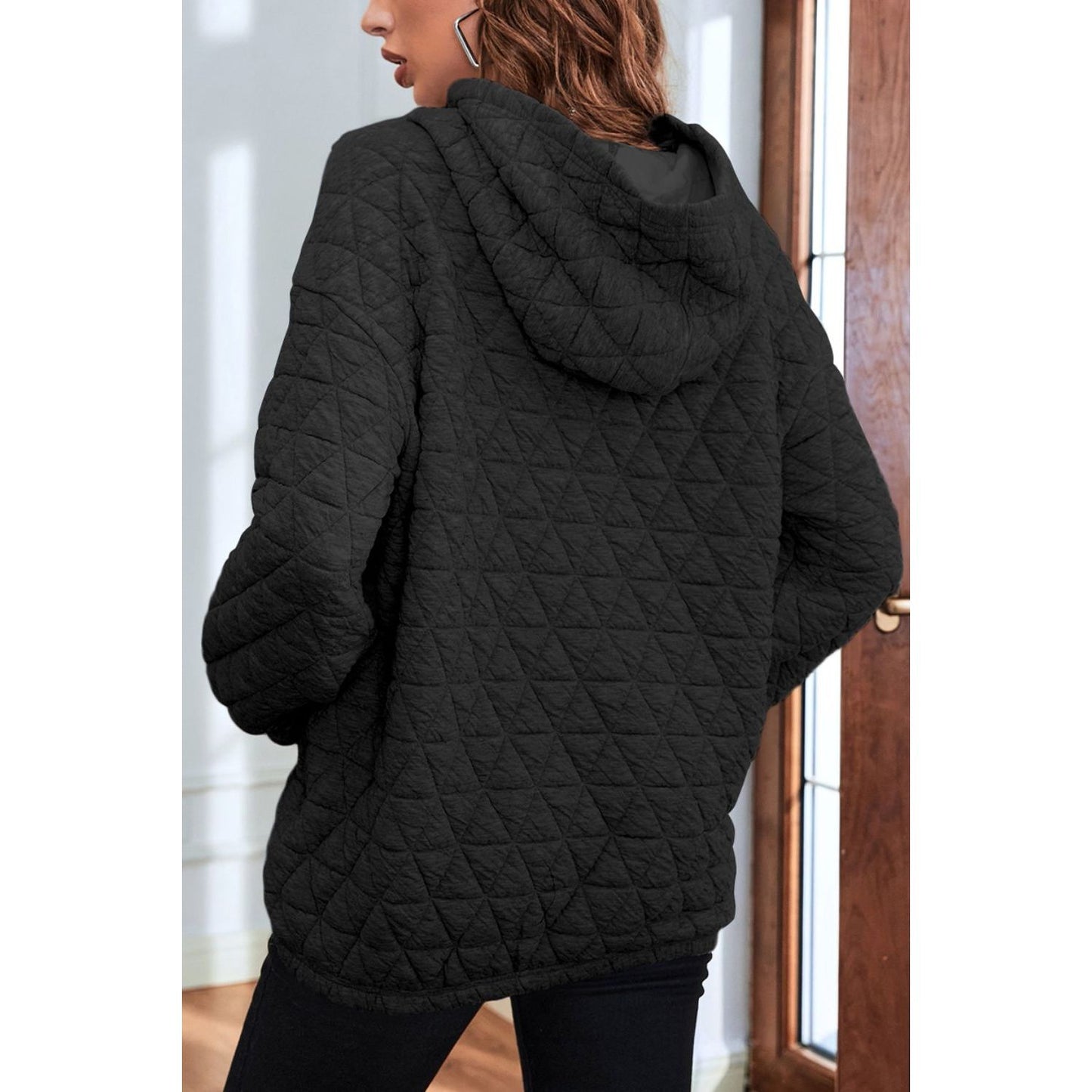 Quilted Long Sleeve Hoodie with Pocket