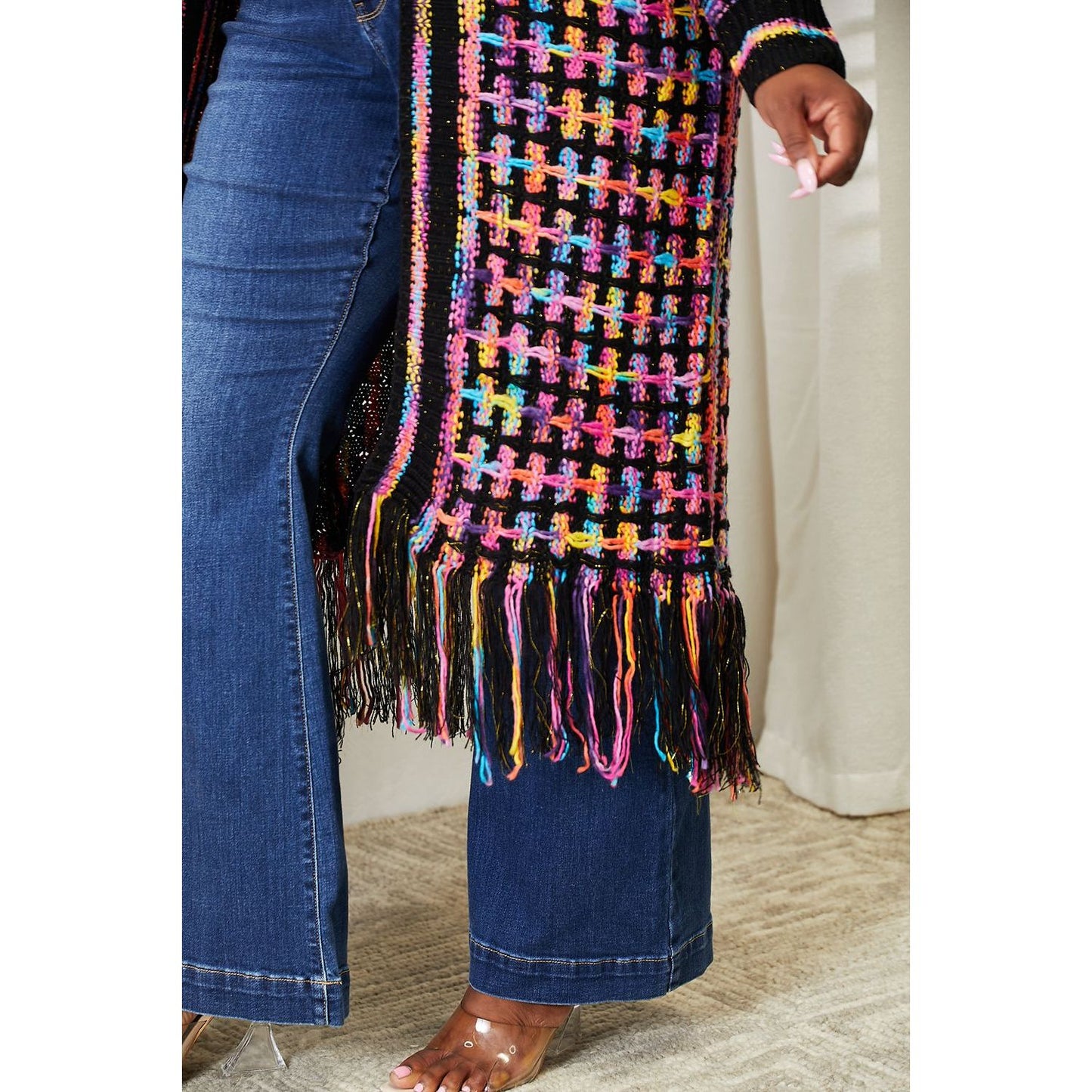 Angel Wings Full Size Multicolored Open Front Fringe Hem Cardigan