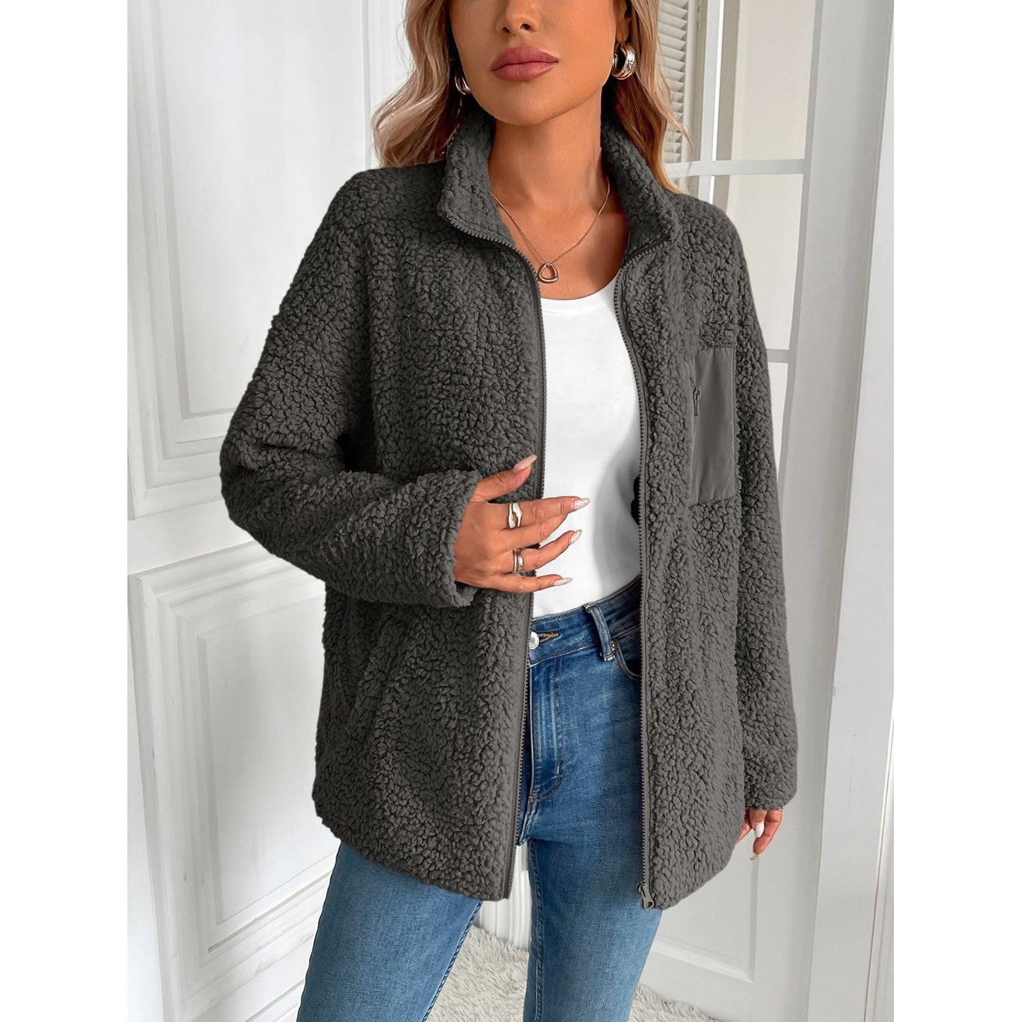 Ivy Lane Zip Up Long Sleeve Fuzzy Jacket