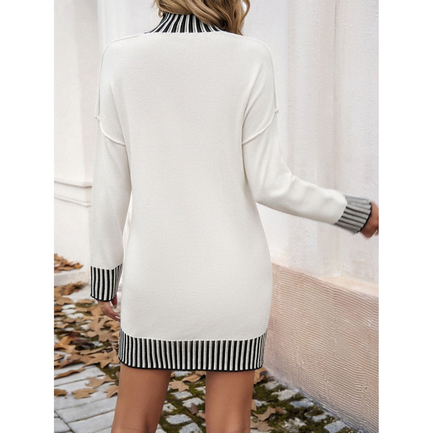 Devine Striped Mock Neck Long Sleeve Sweater Dress