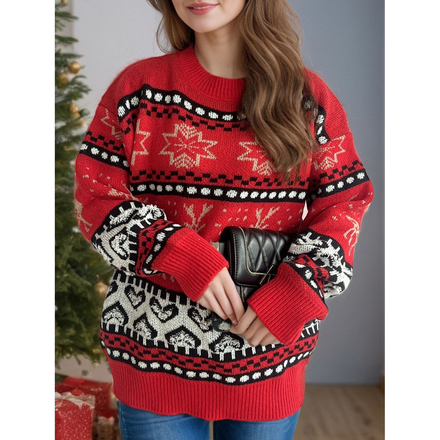 Christmas Element Round Neck Long Sleeve Sweater