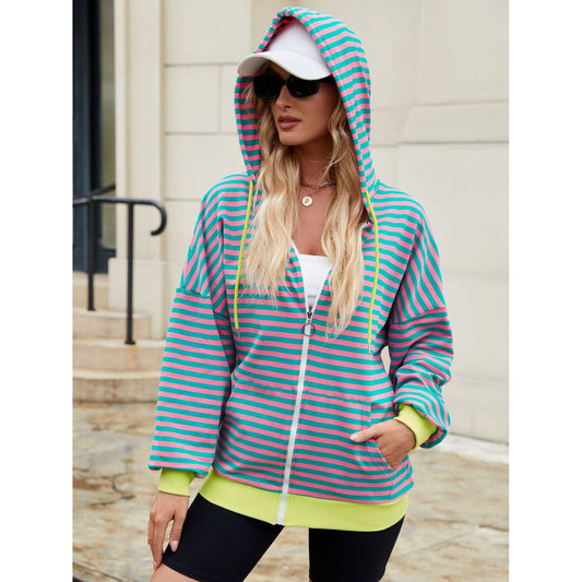 Drawstring Striped Zip Up Long Sleeve Hoodie