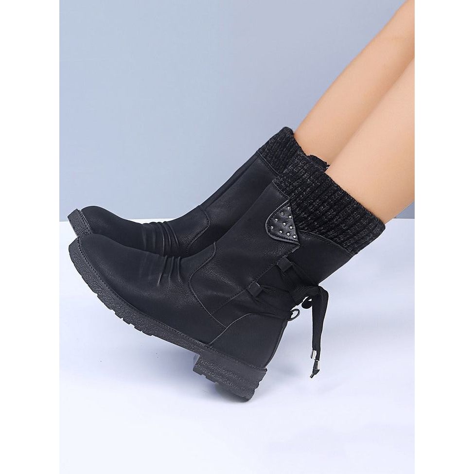 Lace-Up Low Heel Boots with Side Zip