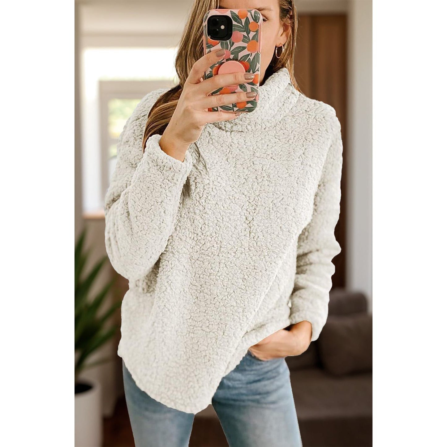 Fuzzy Turtleneck Long Sleeve Sweatshirt