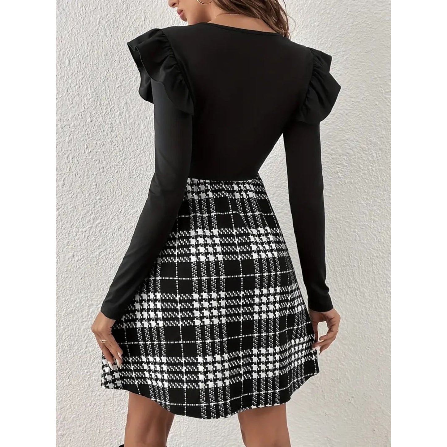 Ruffled Plaid Round Neck Long Sleeve Dress