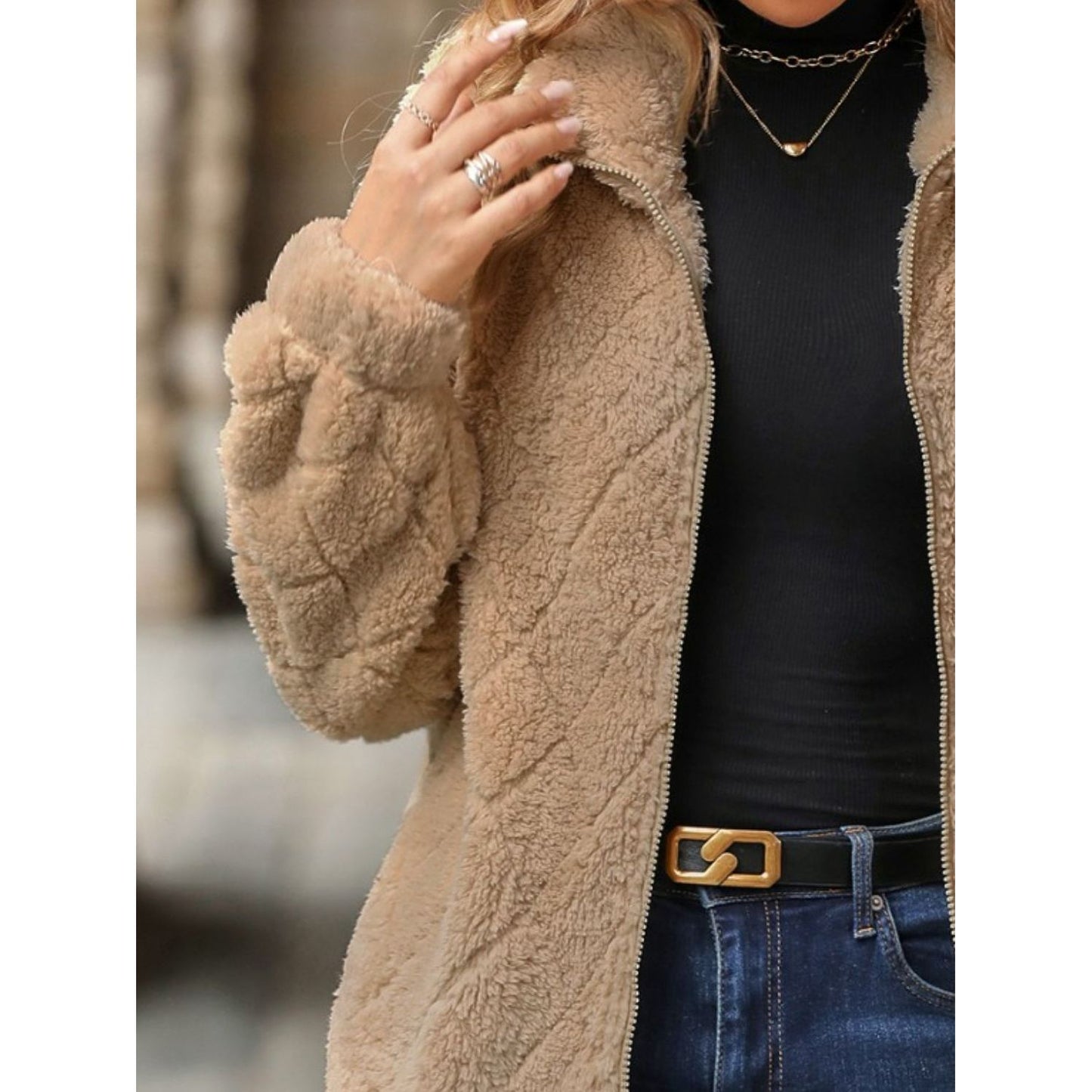 Fuzzy Pocketed Zip Up Jacket