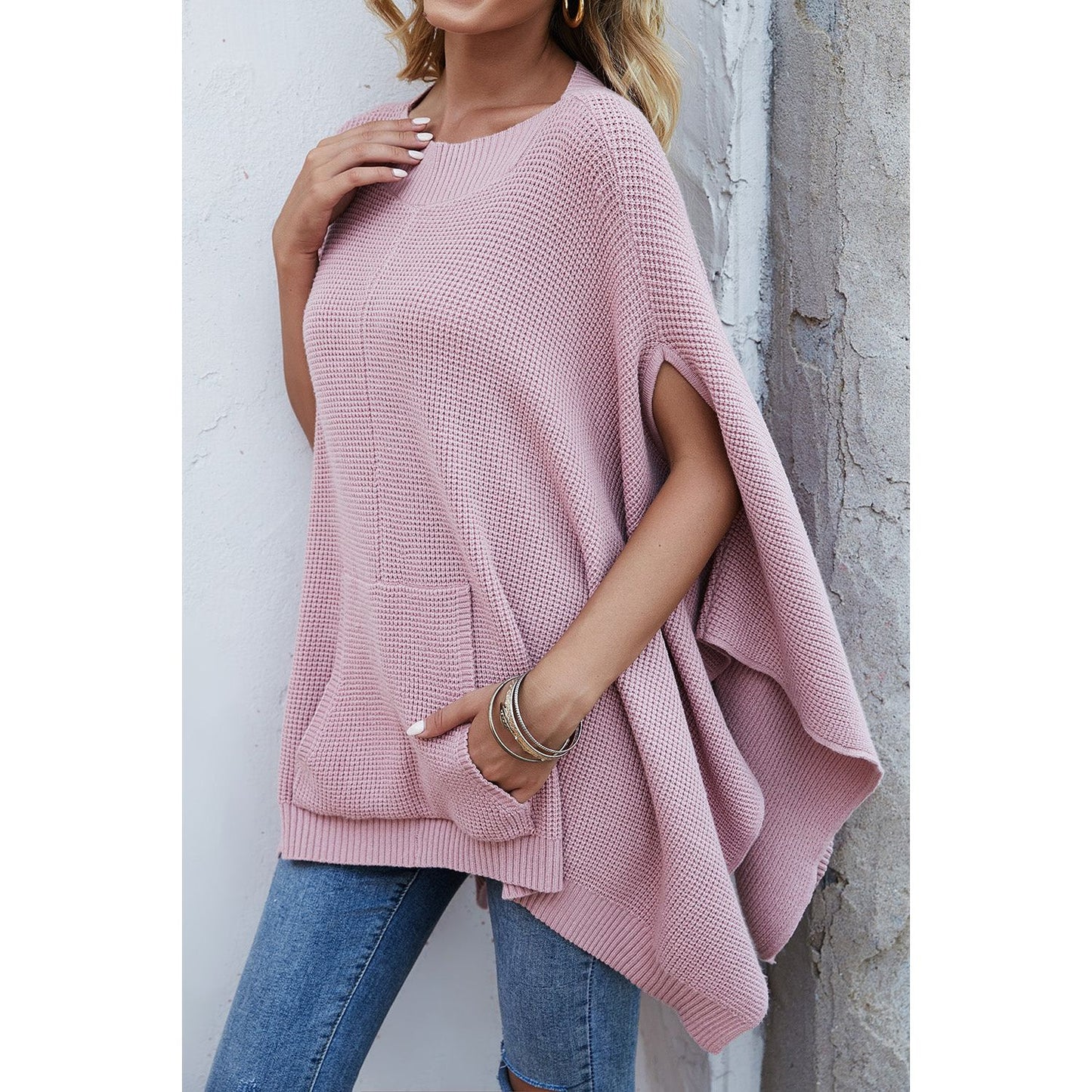 Waffle-Knit Pocketed Cape Sleeve Sweater