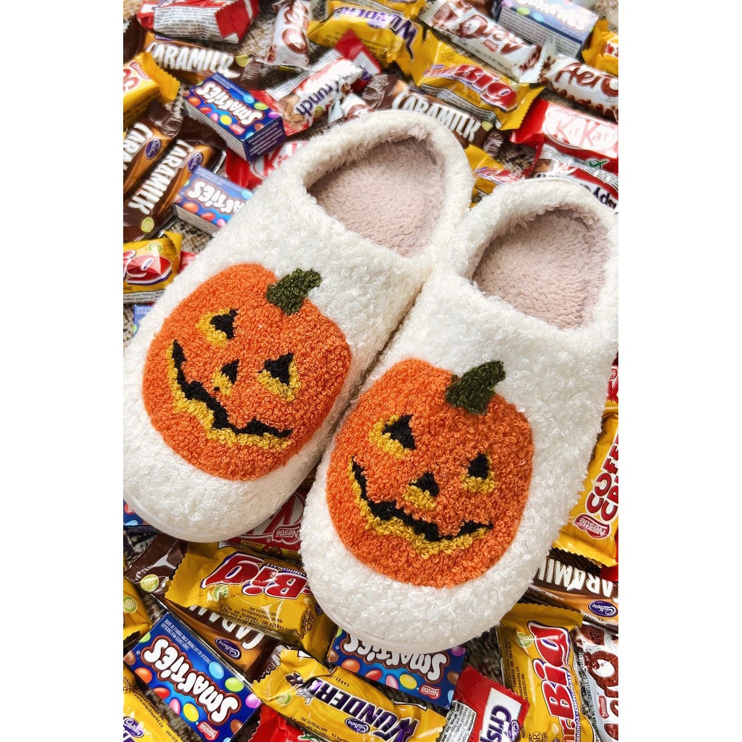 White Halloween Pumpkin Print Plush Slippers (Runs Small, Size Up)