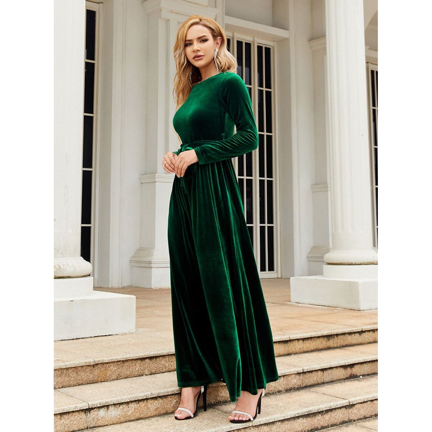 Tie Front Round Neck Long Sleeve Maxi Dress