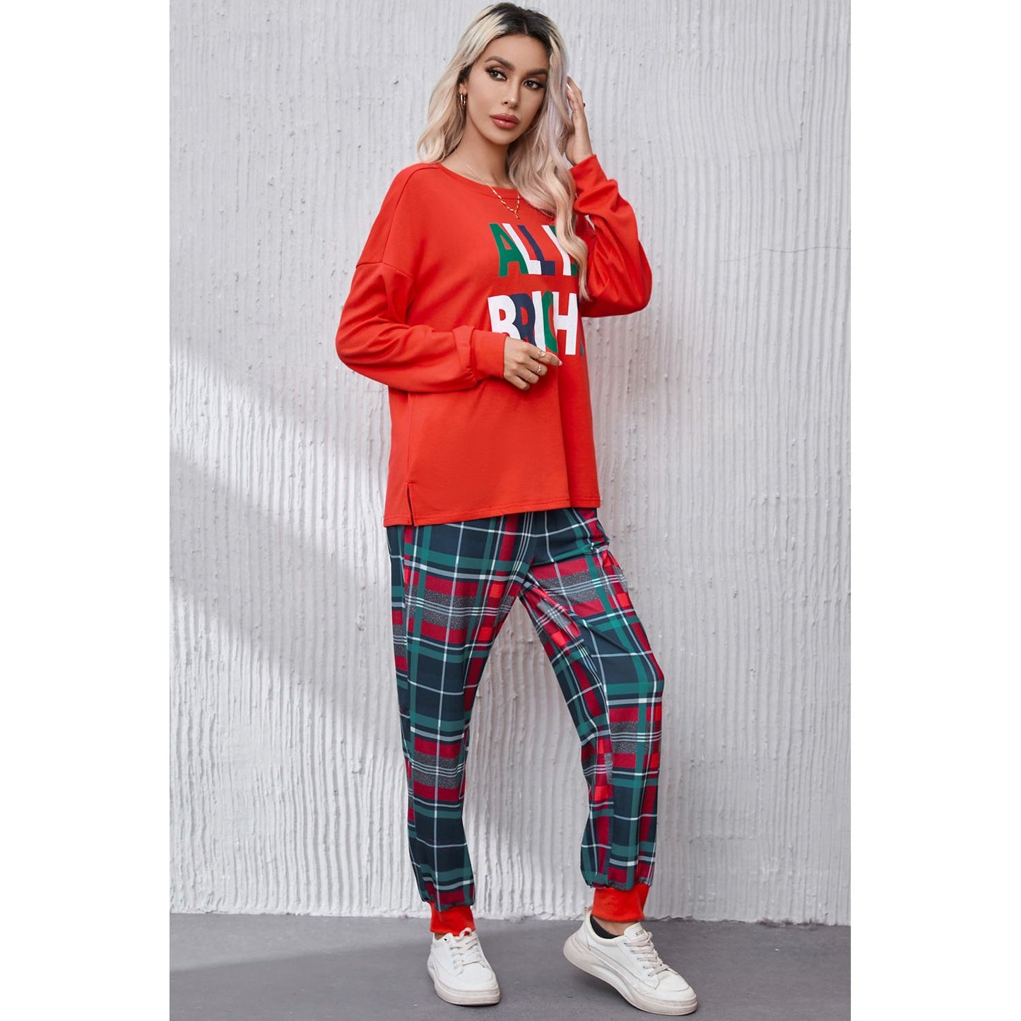 ALL IS BRIGHT Round Neck Top and Plaid Pants Lounge Set