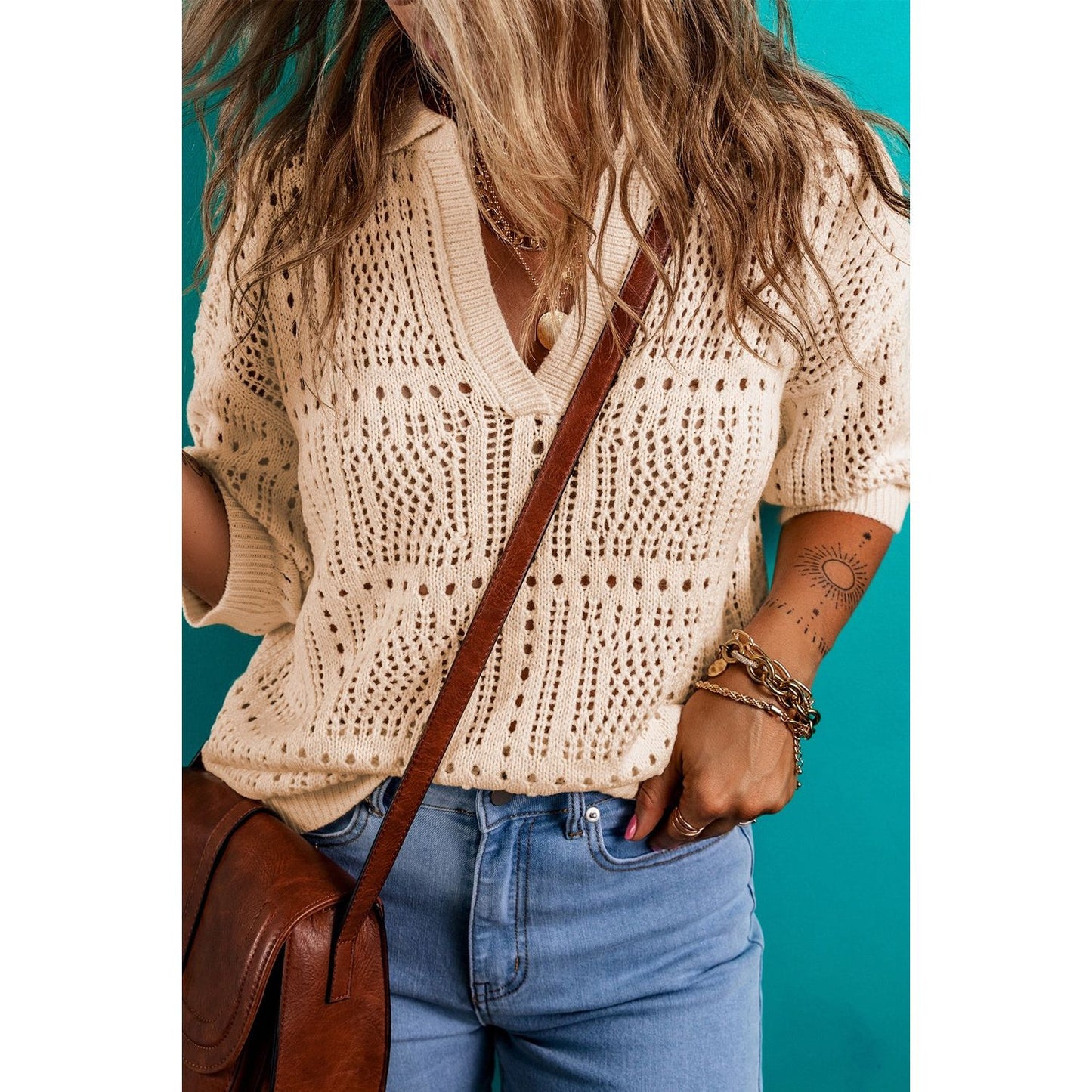 Openwork Johnny Collar Half Sleeve Knit Top