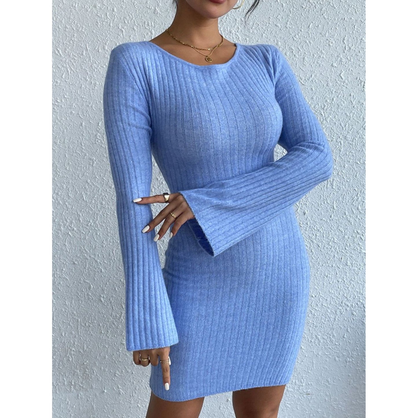 Backless Round Neck Long Sleeve Sweater Dress