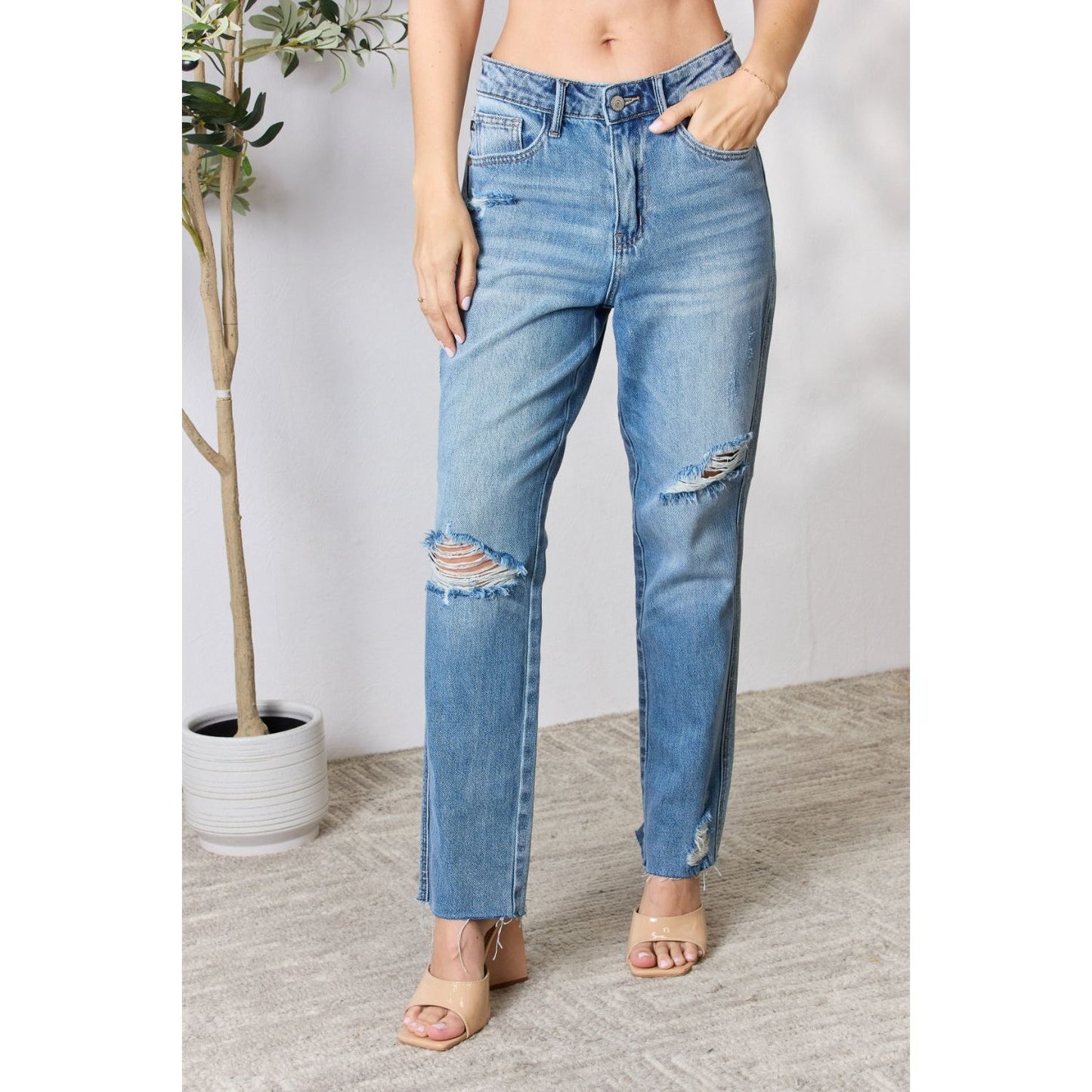 Judy Blue Full Size Distressed Raw Hem Straight Jeans