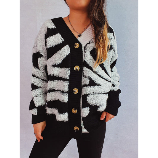 Contrast Button Up Long Sleeve Cardigan