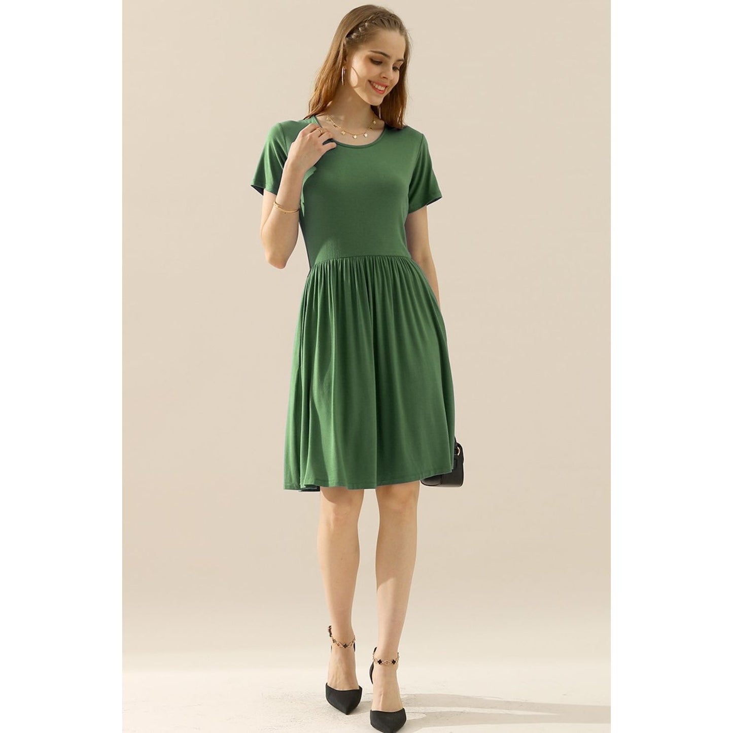 Ninexis Full Size Round Neck Ruched Dress with Pockets