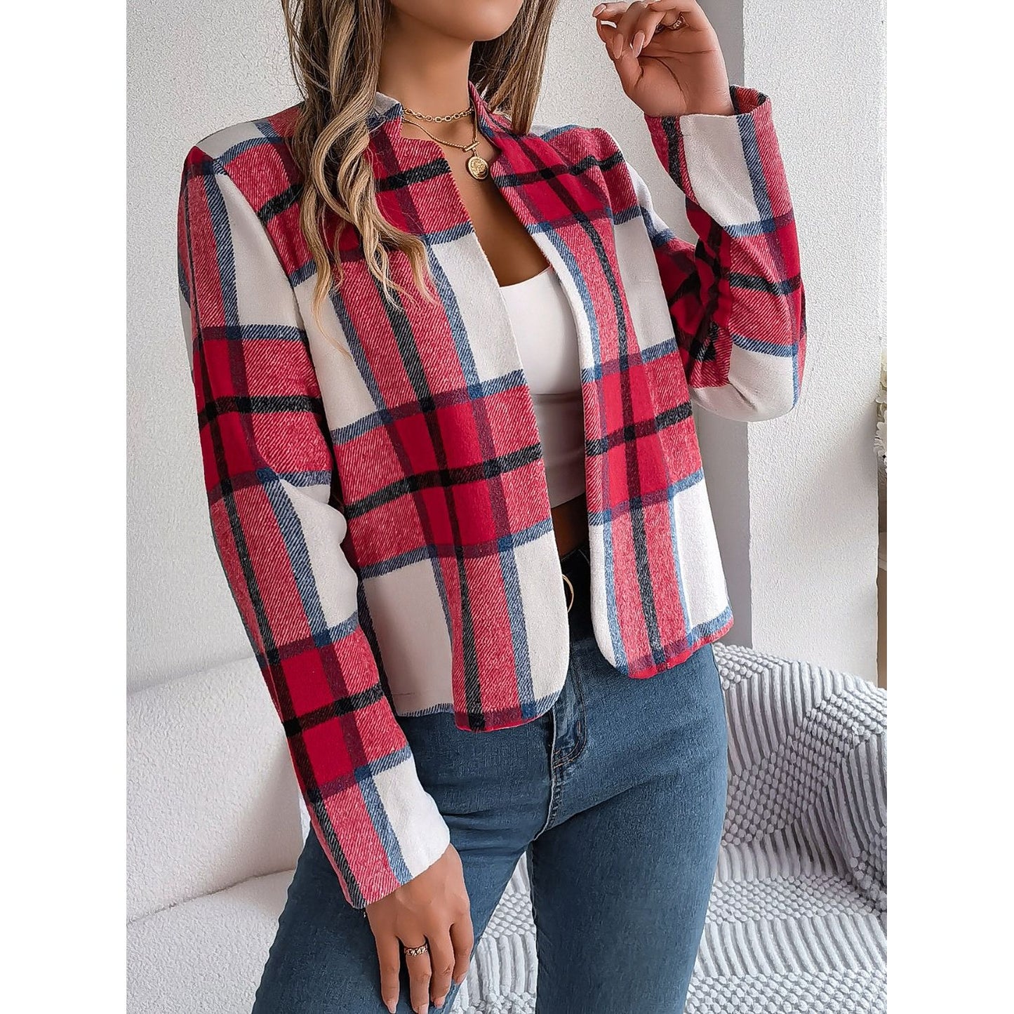 Plaid Open Front Long Sleeve Jacket