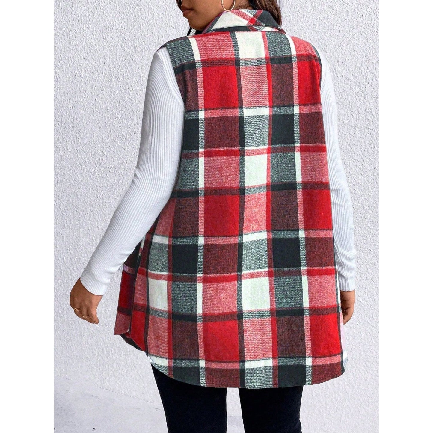 Honey Plus Size Pocketed Plaid Button Up Vest Coat