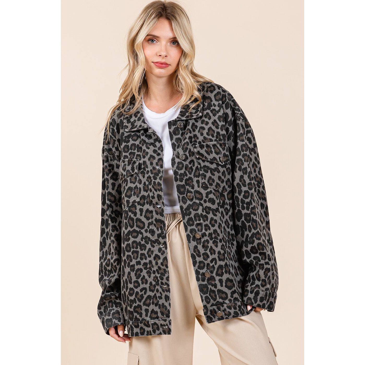 Mittoshop Leopard Button Up Denim Shacket with Breast Pockets