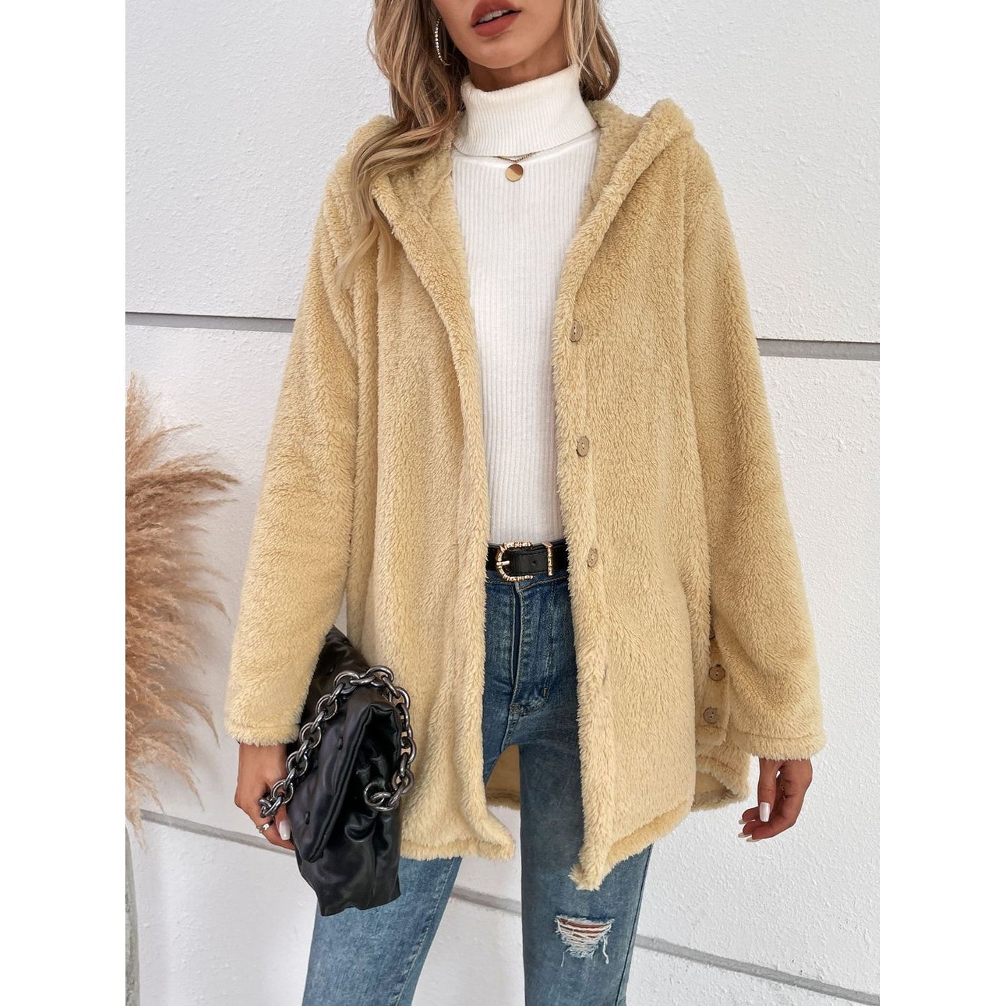 Fuzzy Button Up Hooded Jacket