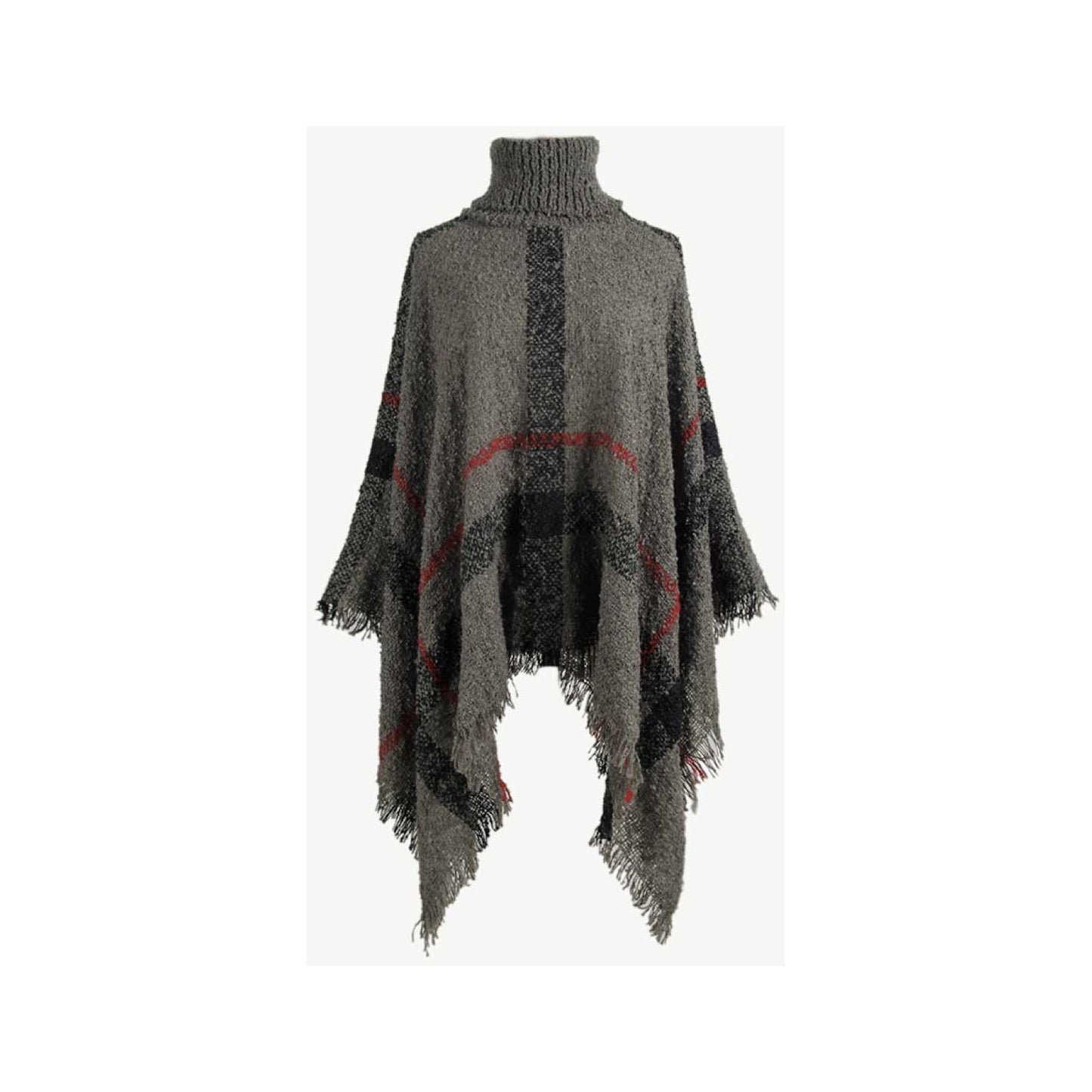 Plaid Turtleneck Raw Hem Poncho