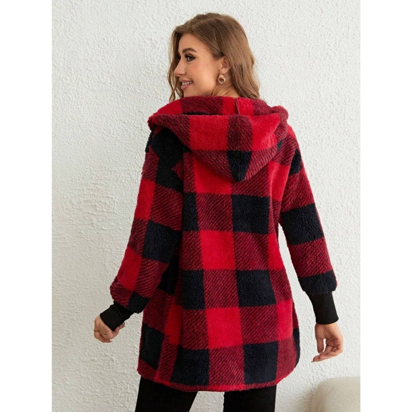 Plaid Long Sleeve Hooded Coat