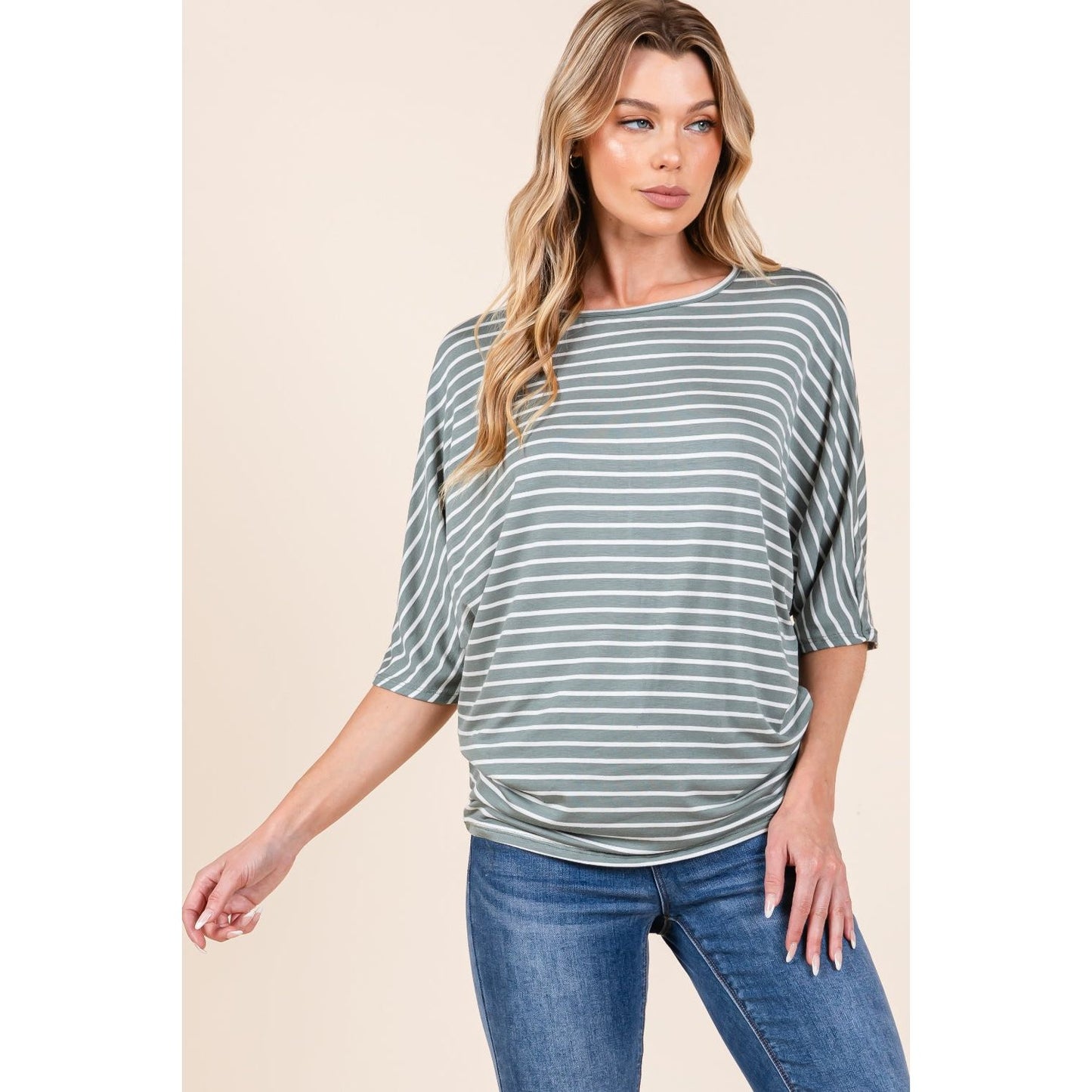 BOMBOM Striped Boat Neck Dolman Sleeve Top