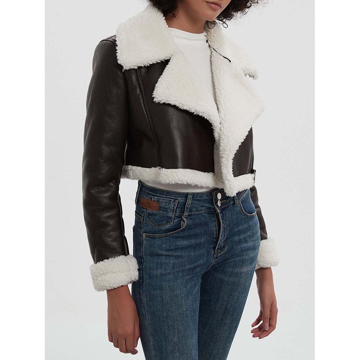 Collared Neck Long Sleeve Plush Cropped Jacket