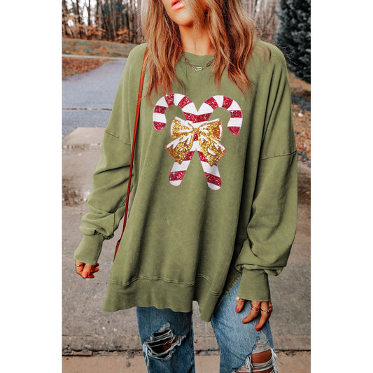 Sequin Candy Cane Round Neck Slit Sweatshirt