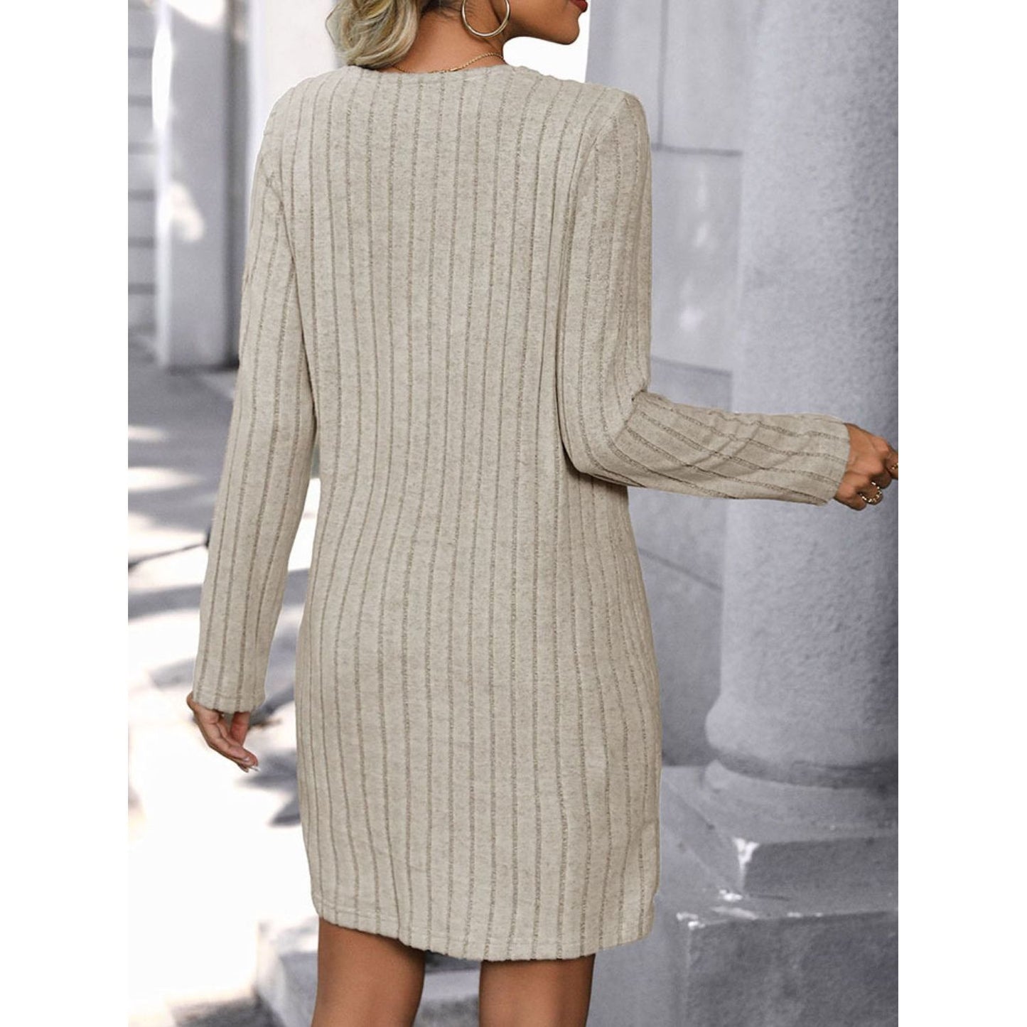 Perfee V-Neck Long Sleeve Knit Dress