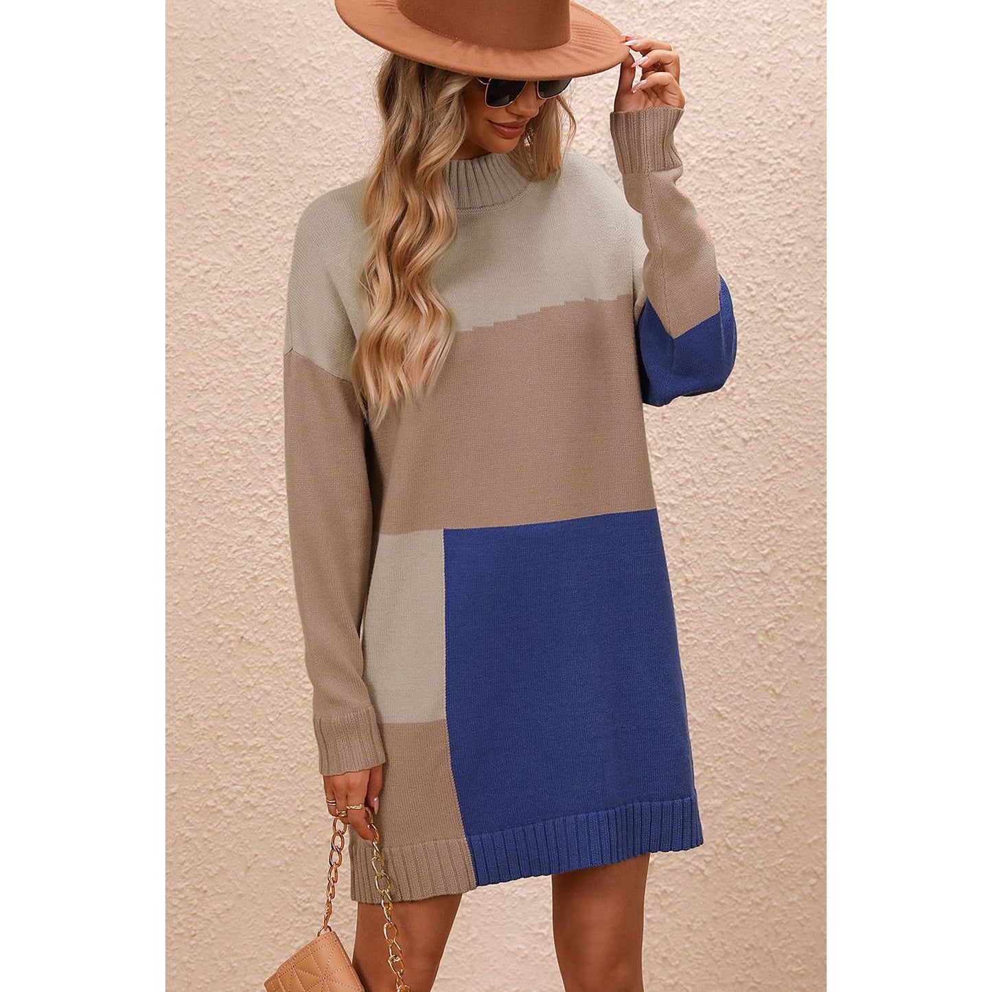 Color Block Mock Neck Dropped Shoulder Sweater Dress