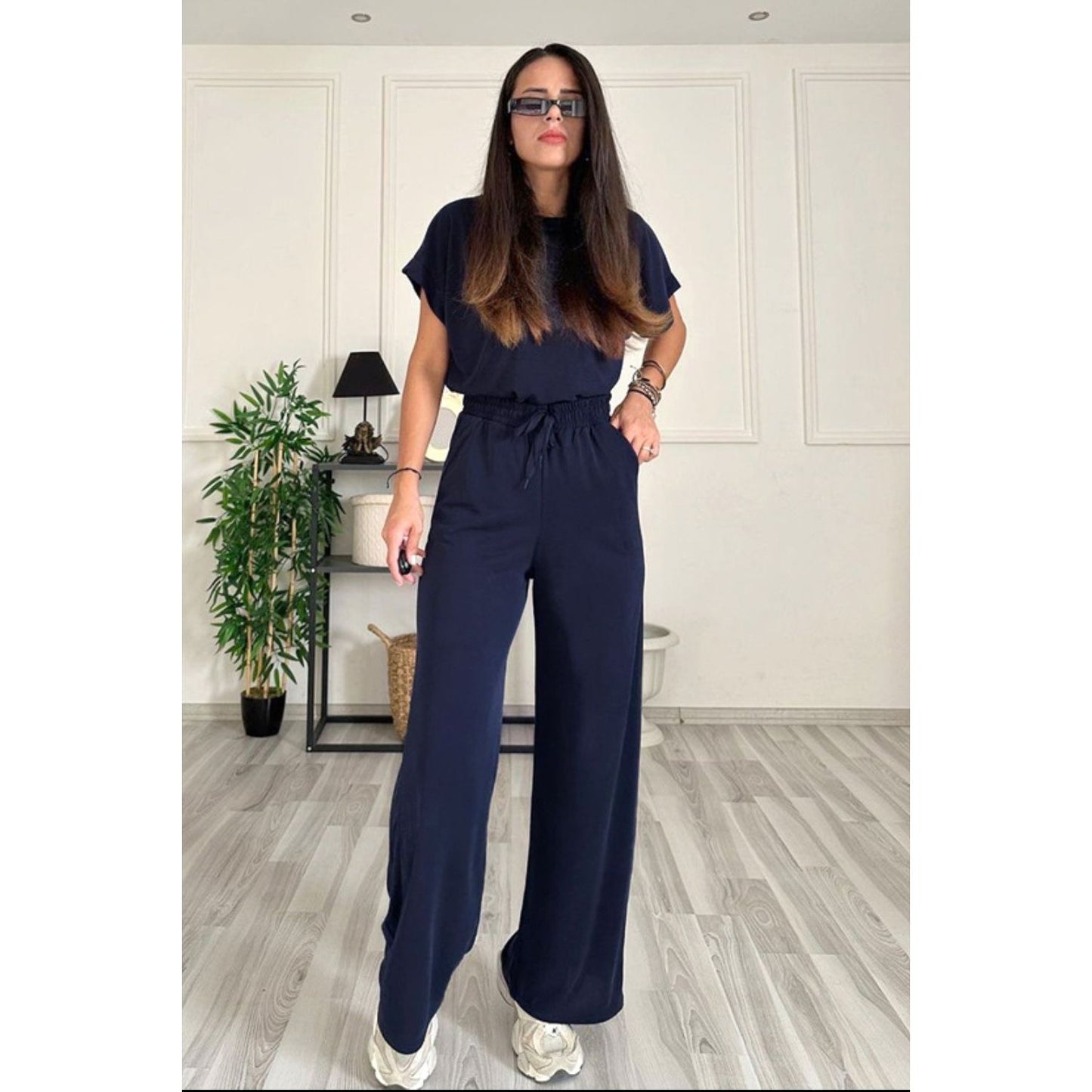 Round Neck Short Sleeve Top and Drawstring Pants Set