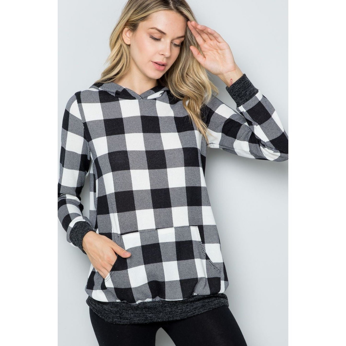 Celeste Full Size Contrast Plaid Long Sleeve Hoodie