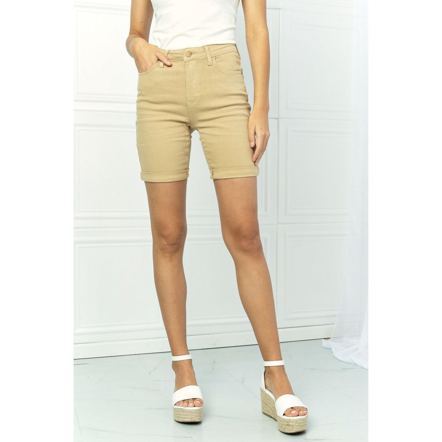 Judy Blue Mariana Full Size Midrise Khaki Cuffed Bermuda Shorts