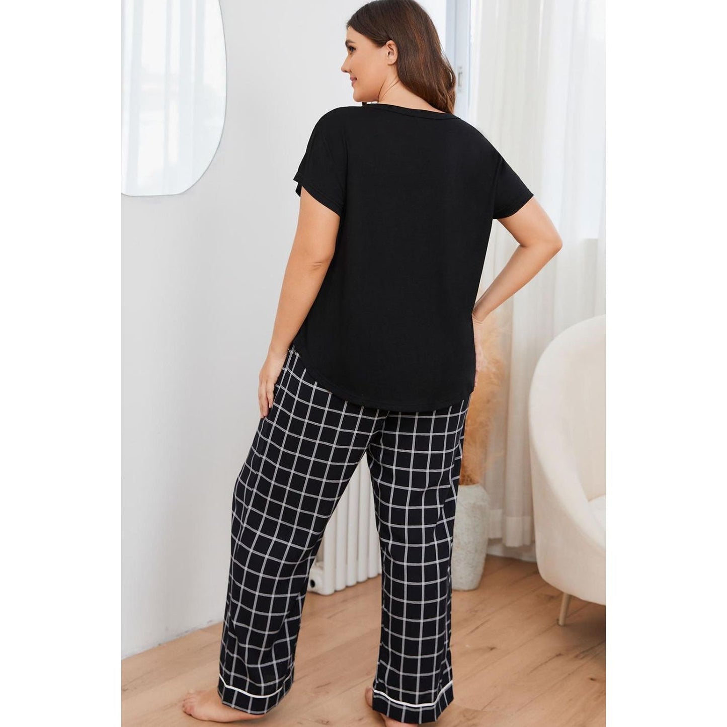 Plus Size V-Neck Top and Plaid Pants Lounge Set