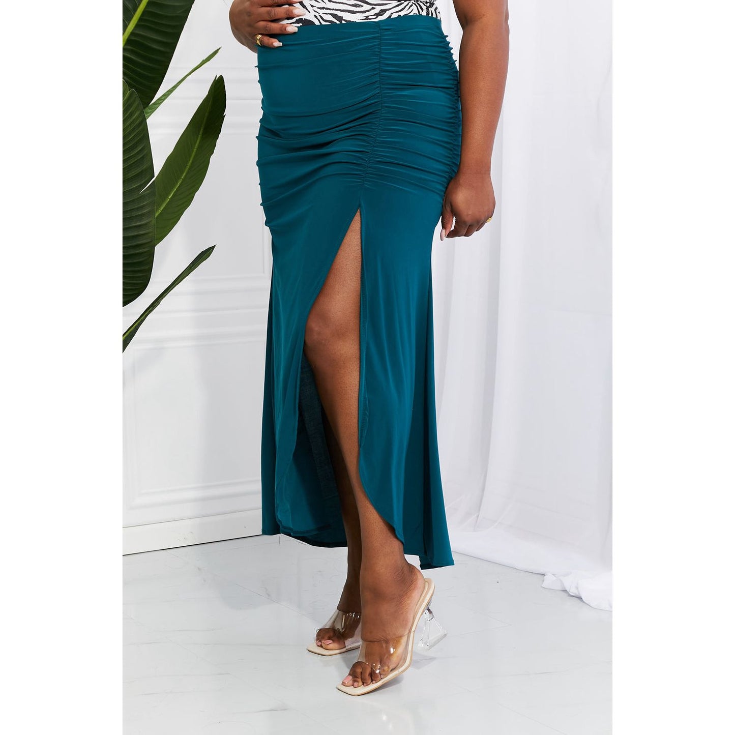 White Birch Full Size Up and Up Ruched Slit Maxi Skirt in Teal