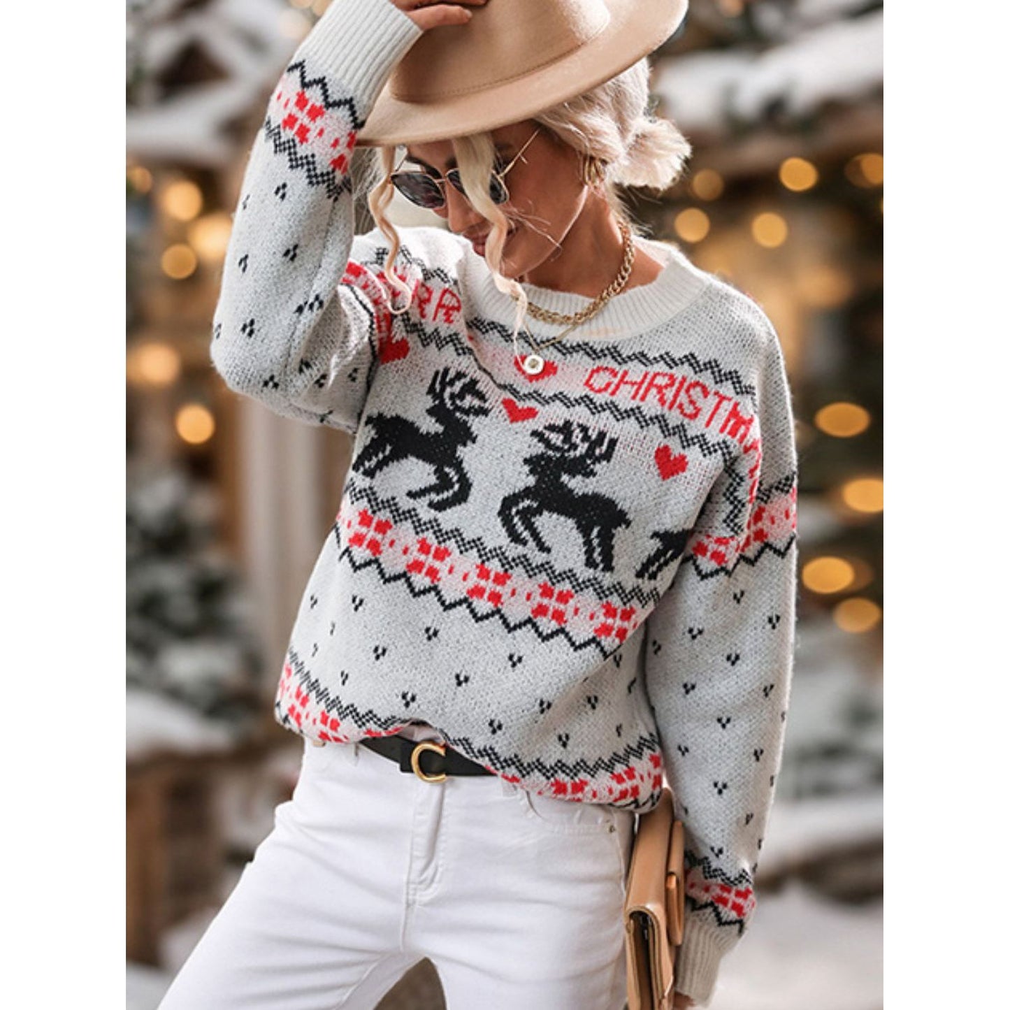 Perfee Reindeer Round Neck Long Sleeve Sweater