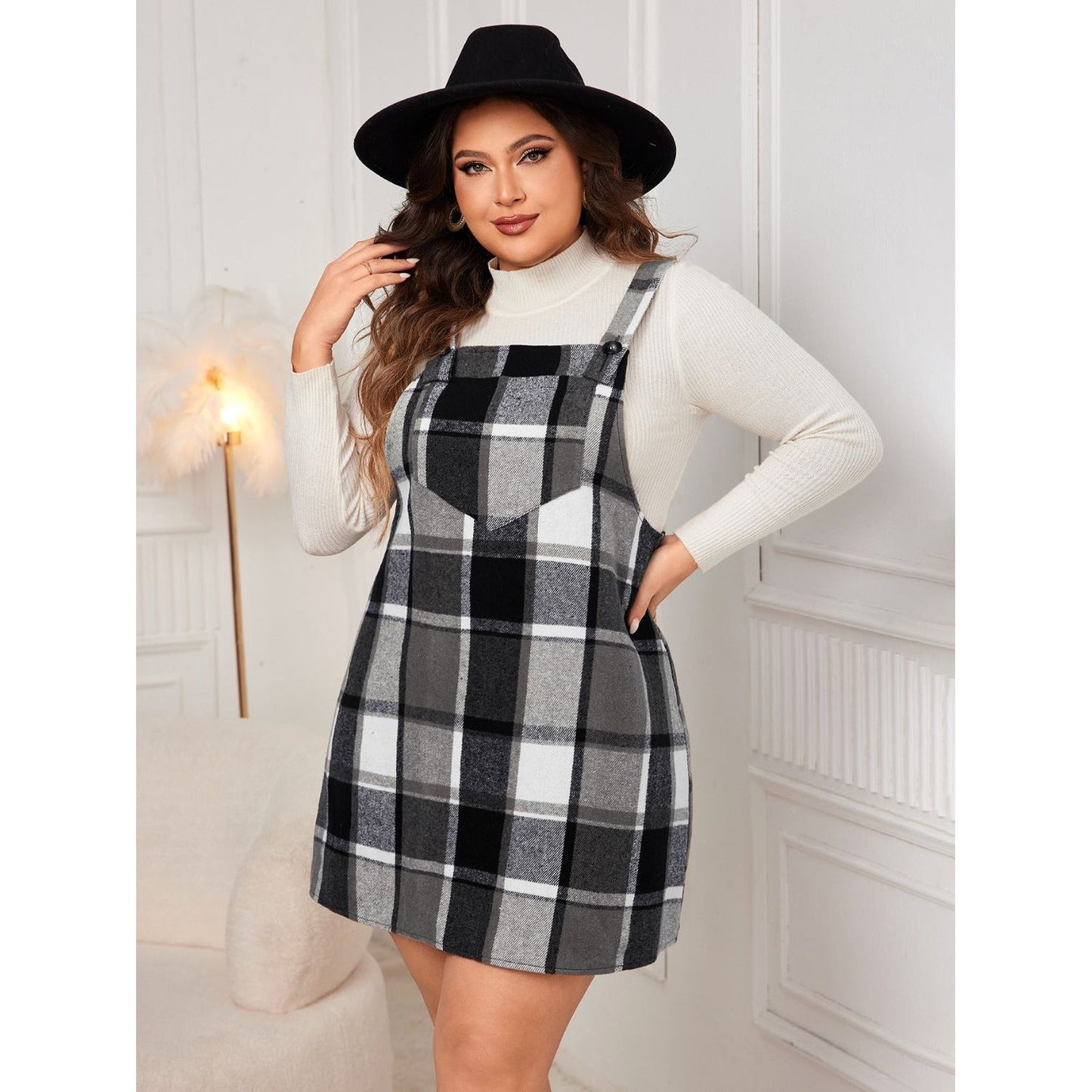 Honey Plus Size Plaid Wide Strap Overall Dress