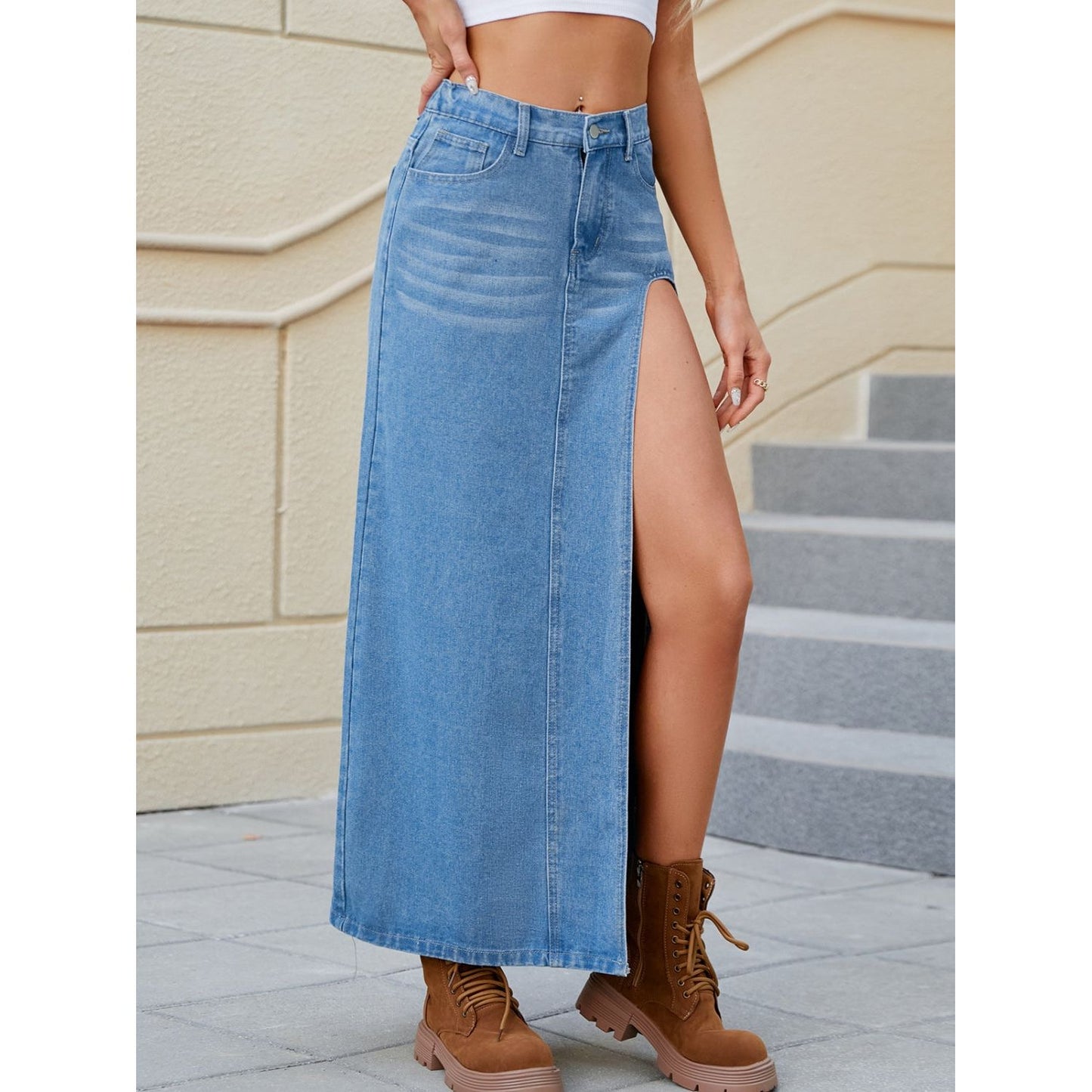 Slit Buttoned Denim Skirt with Pockets