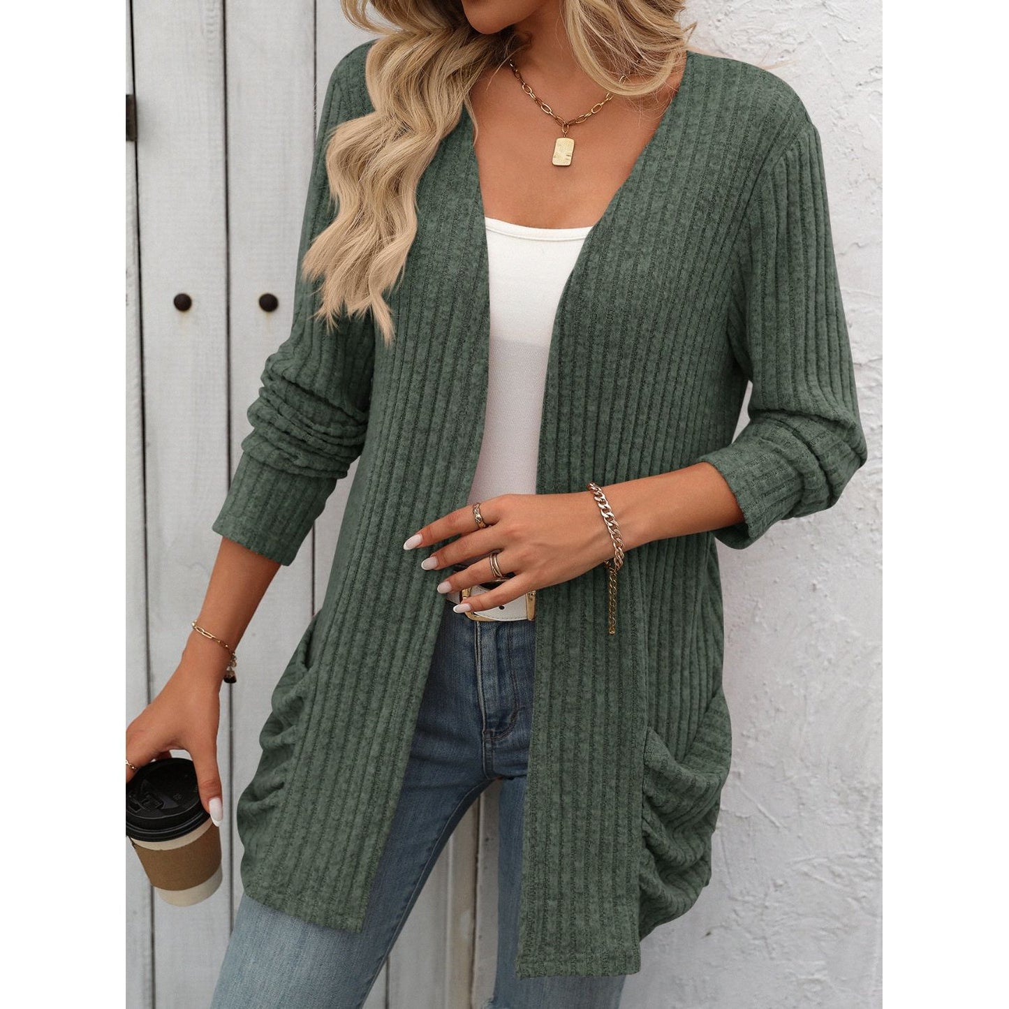 Open Front Long Sleeve Ribbed Cardigan