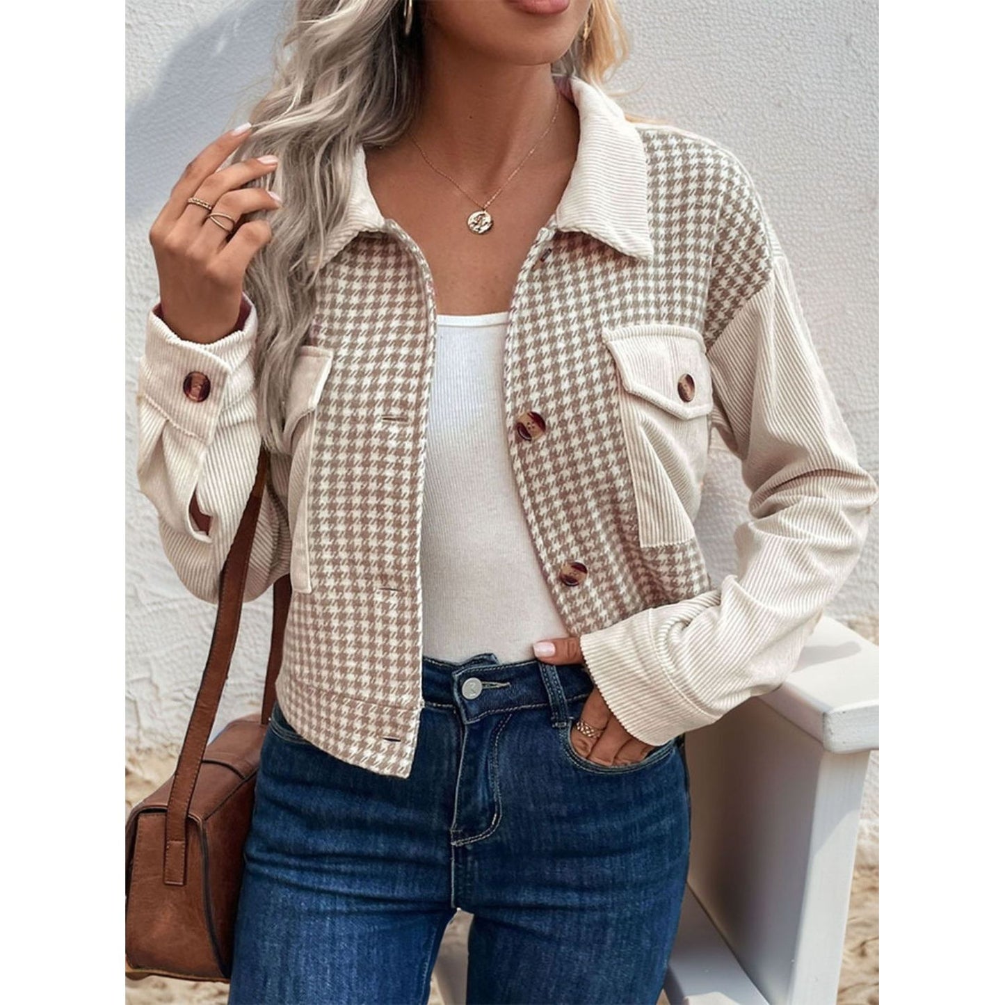 Pocketed Houndstooth Long Sleeve Jacket