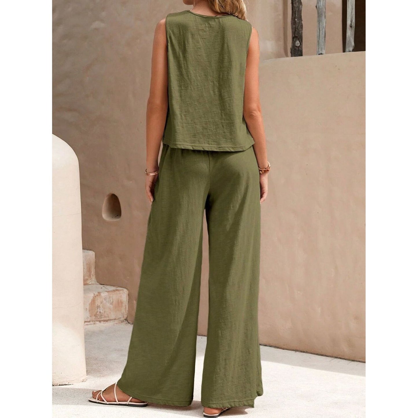 Round Neck Sleeveless Top and Wide Leg Pants Set