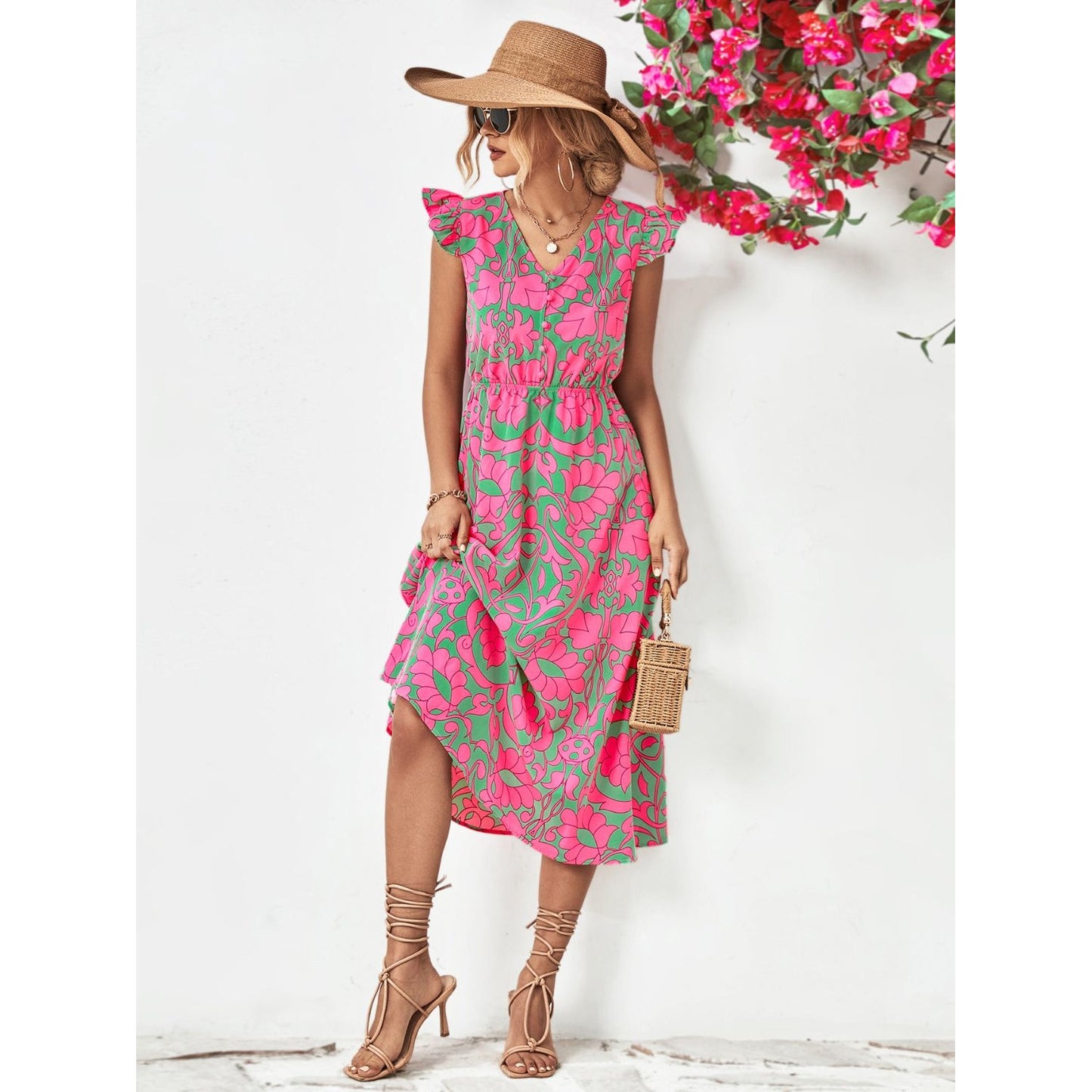 Printed V-Neck Cap Sleeve Dress