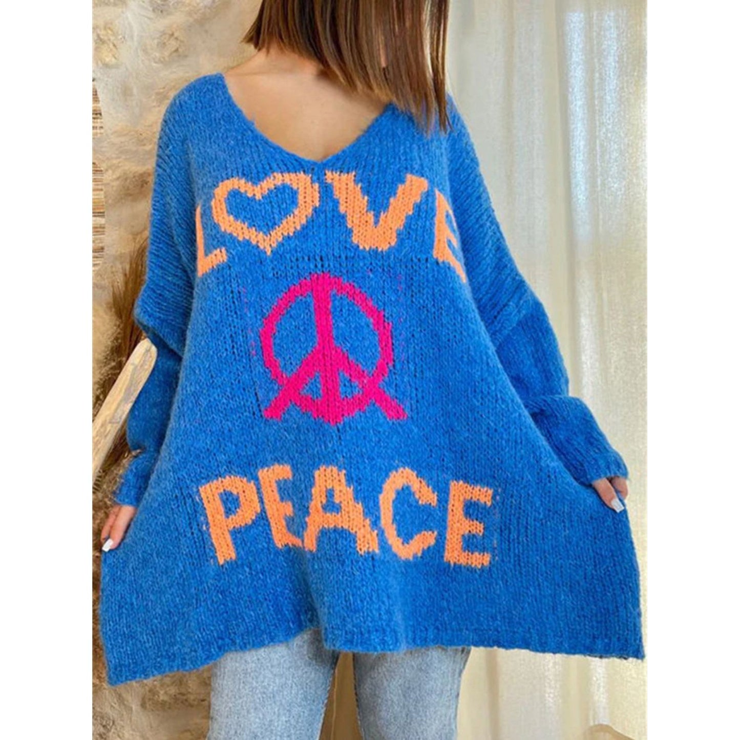 Peace Graphic V-Neck Long Sleeve Sweater