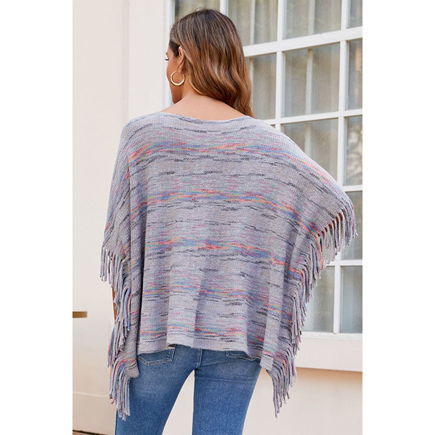 Round Neck Fringe Detail Sleeve Poncho